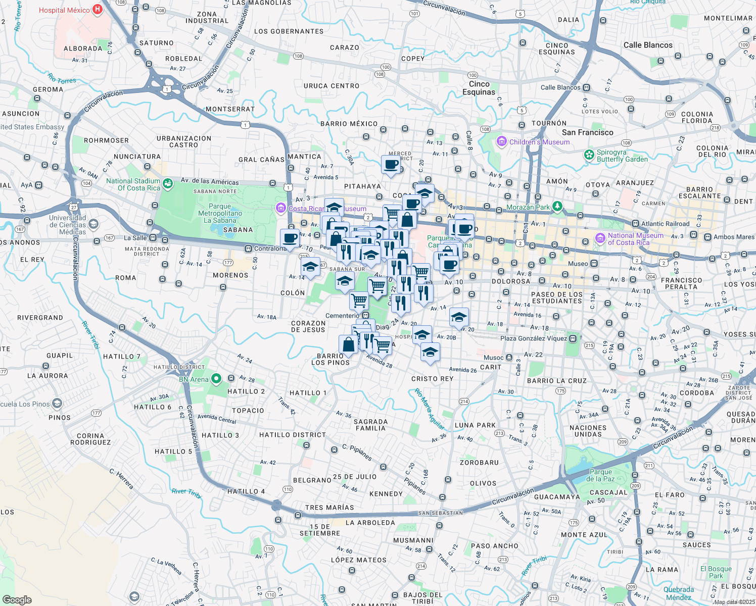 map of restaurants, bars, coffee shops, grocery stores, and more near in San José