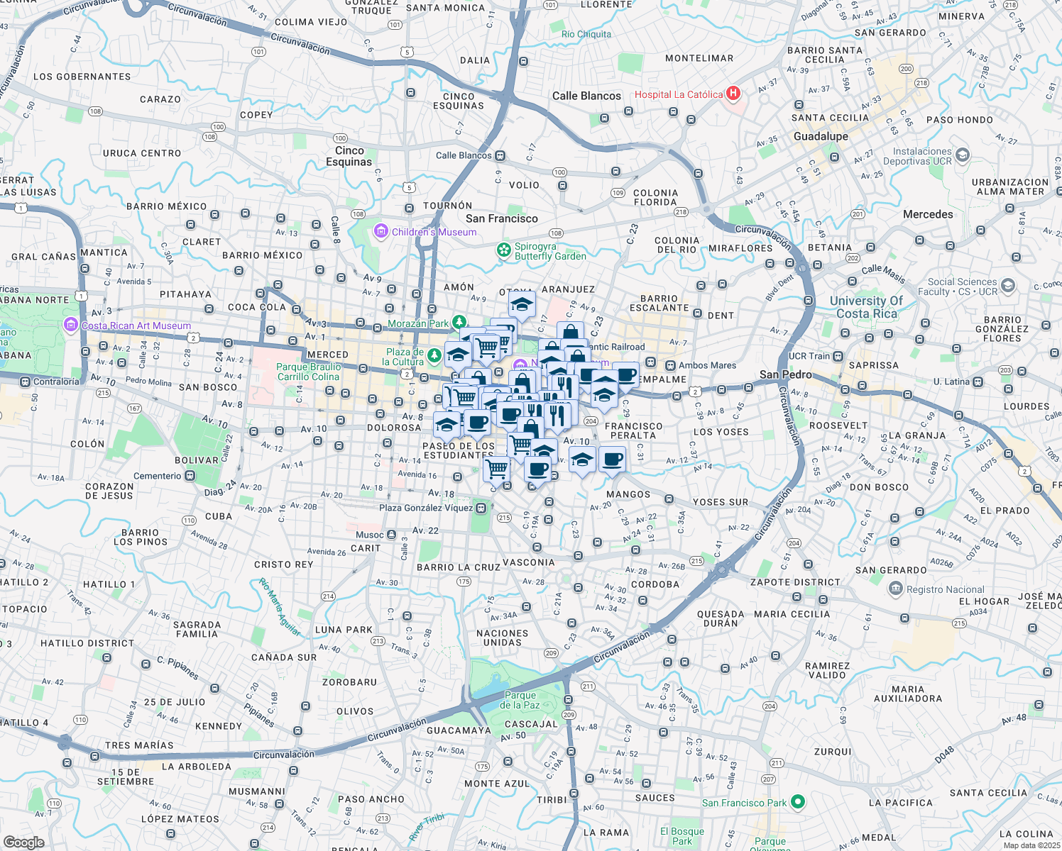 map of restaurants, bars, coffee shops, grocery stores, and more near in San José