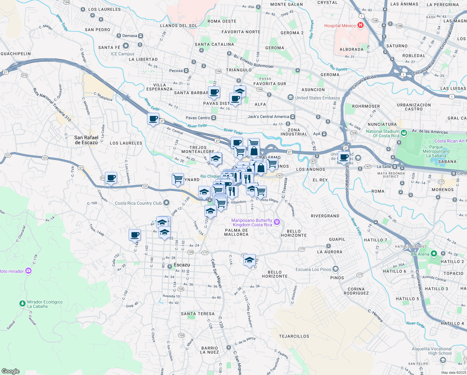 map of restaurants, bars, coffee shops, grocery stores, and more near Auto Servicio in San Rafael de Escazu