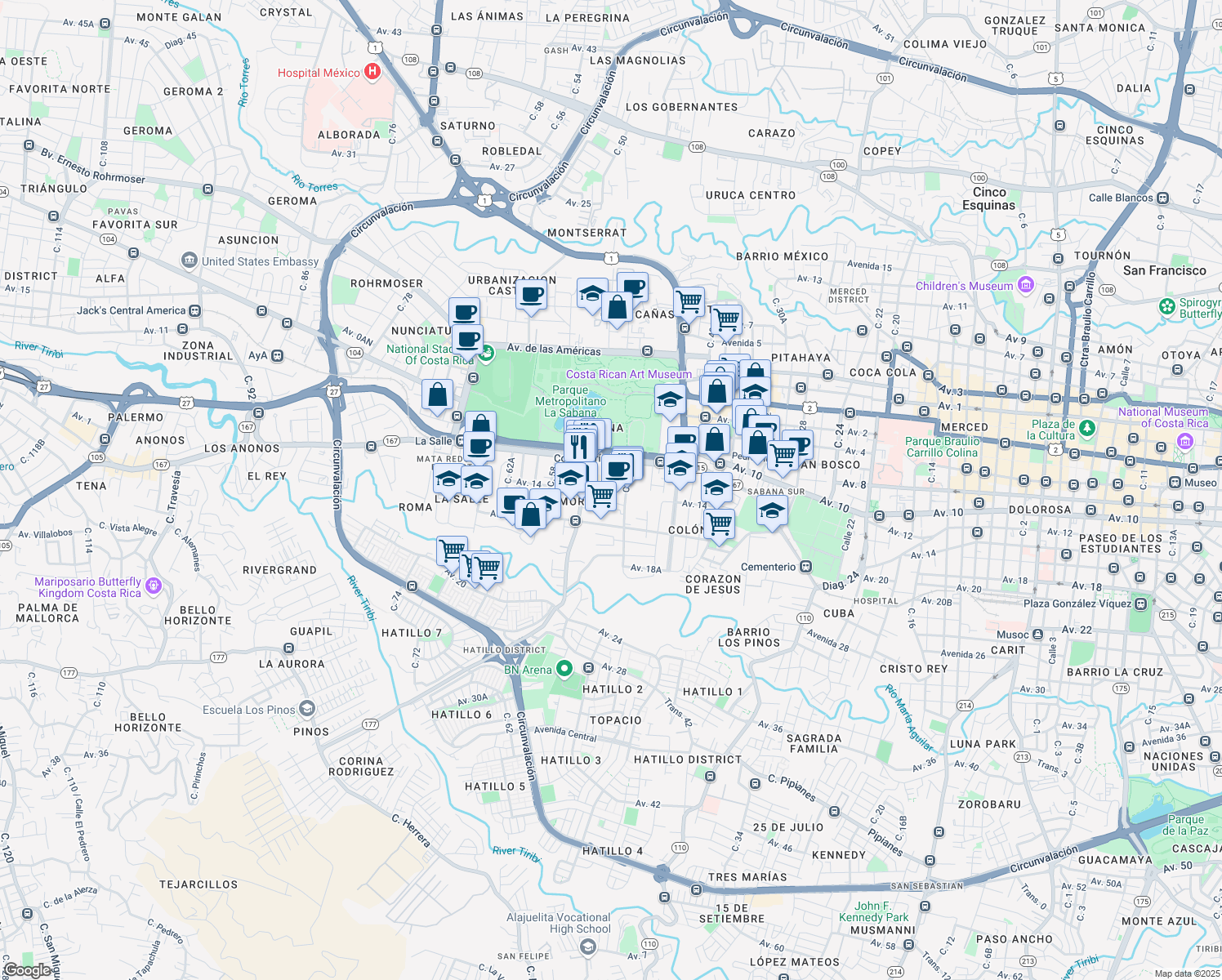 map of restaurants, bars, coffee shops, grocery stores, and more near Calle Del Golf in San José