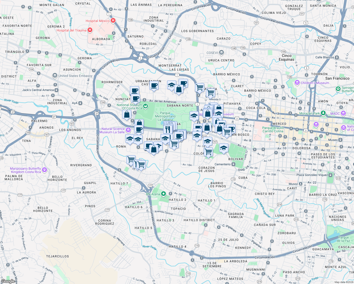 map of restaurants, bars, coffee shops, grocery stores, and more near Calle Del Golf in San José