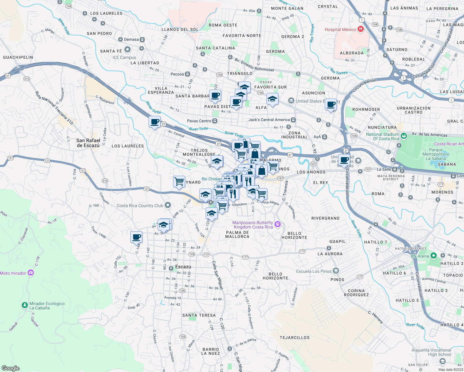 map of restaurants, bars, coffee shops, grocery stores, and more near Auto Servicio in San Rafael de Escazu
