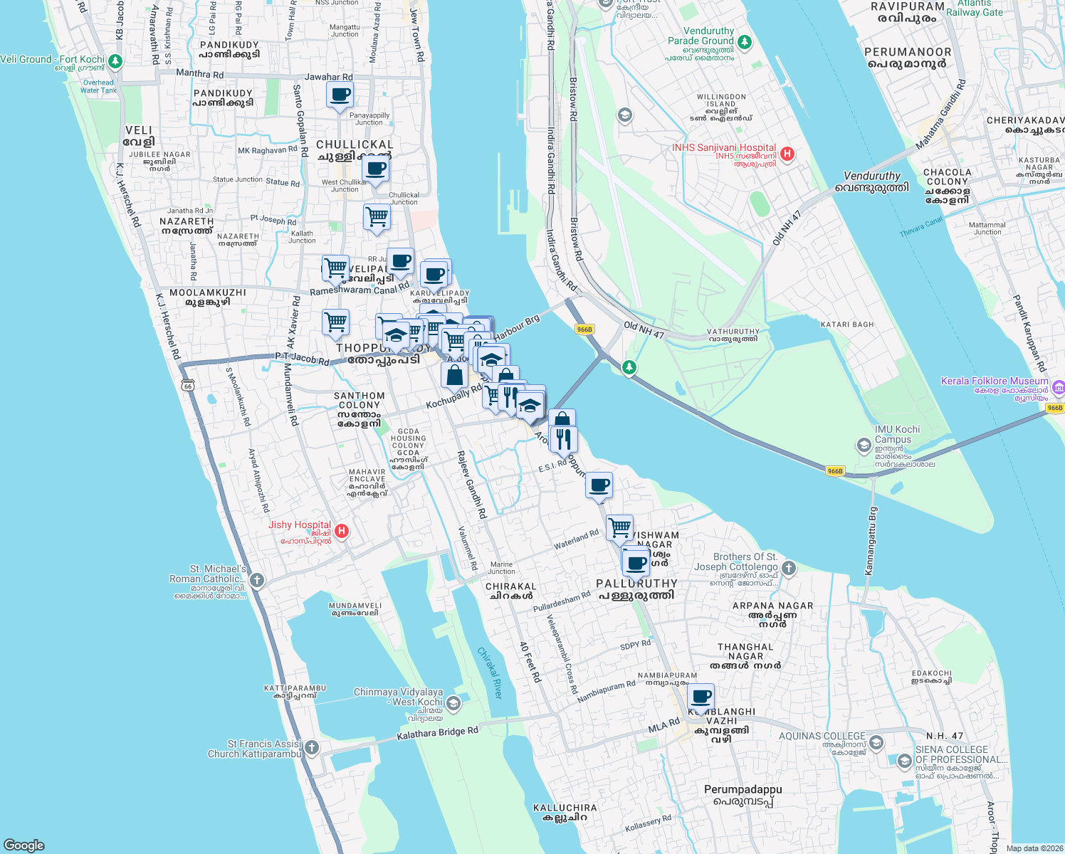 map of restaurants, bars, coffee shops, grocery stores, and more near Gateway of Cochin Bridge in Kochi