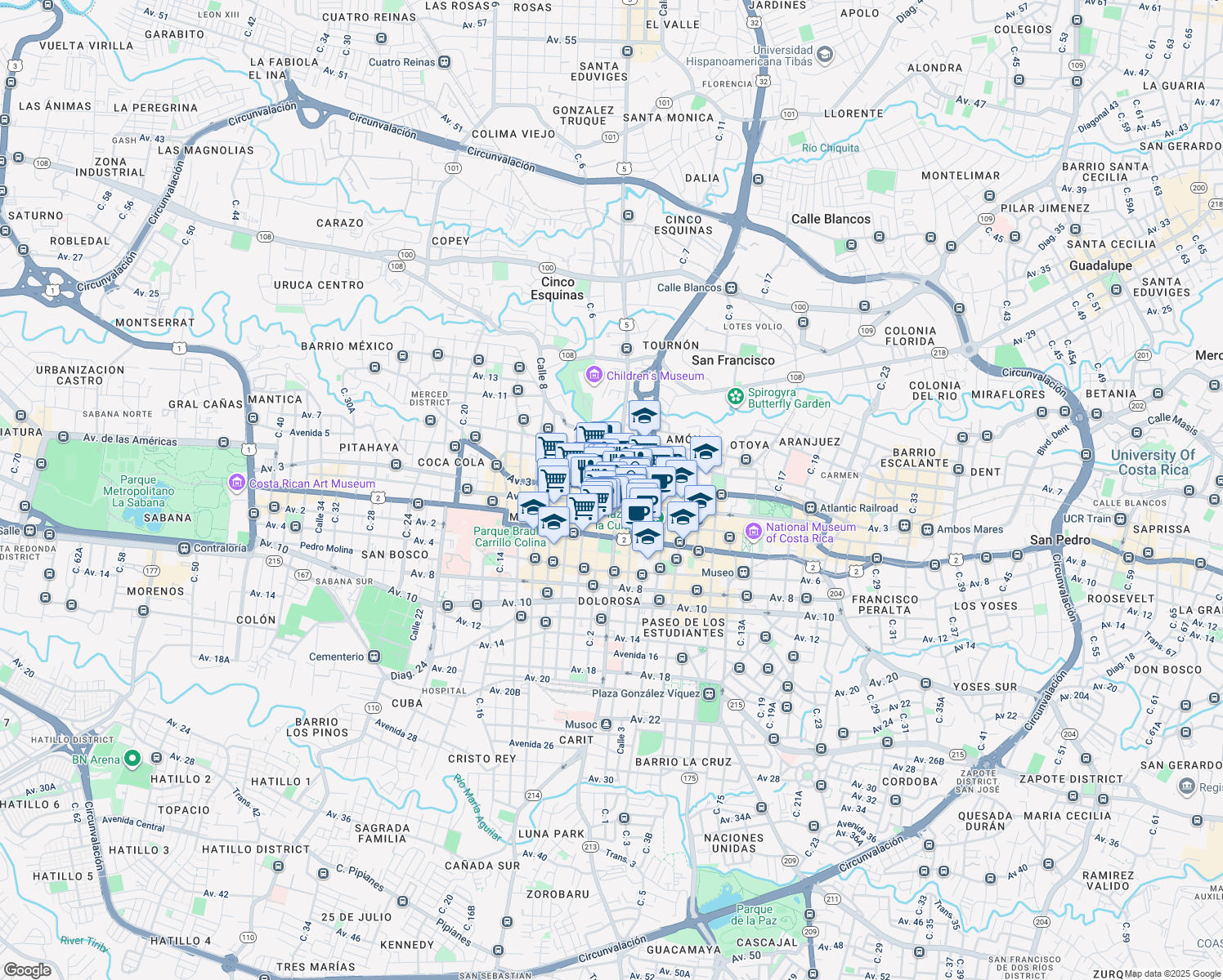 map of restaurants, bars, coffee shops, grocery stores, and more near Avenida 3 in San José