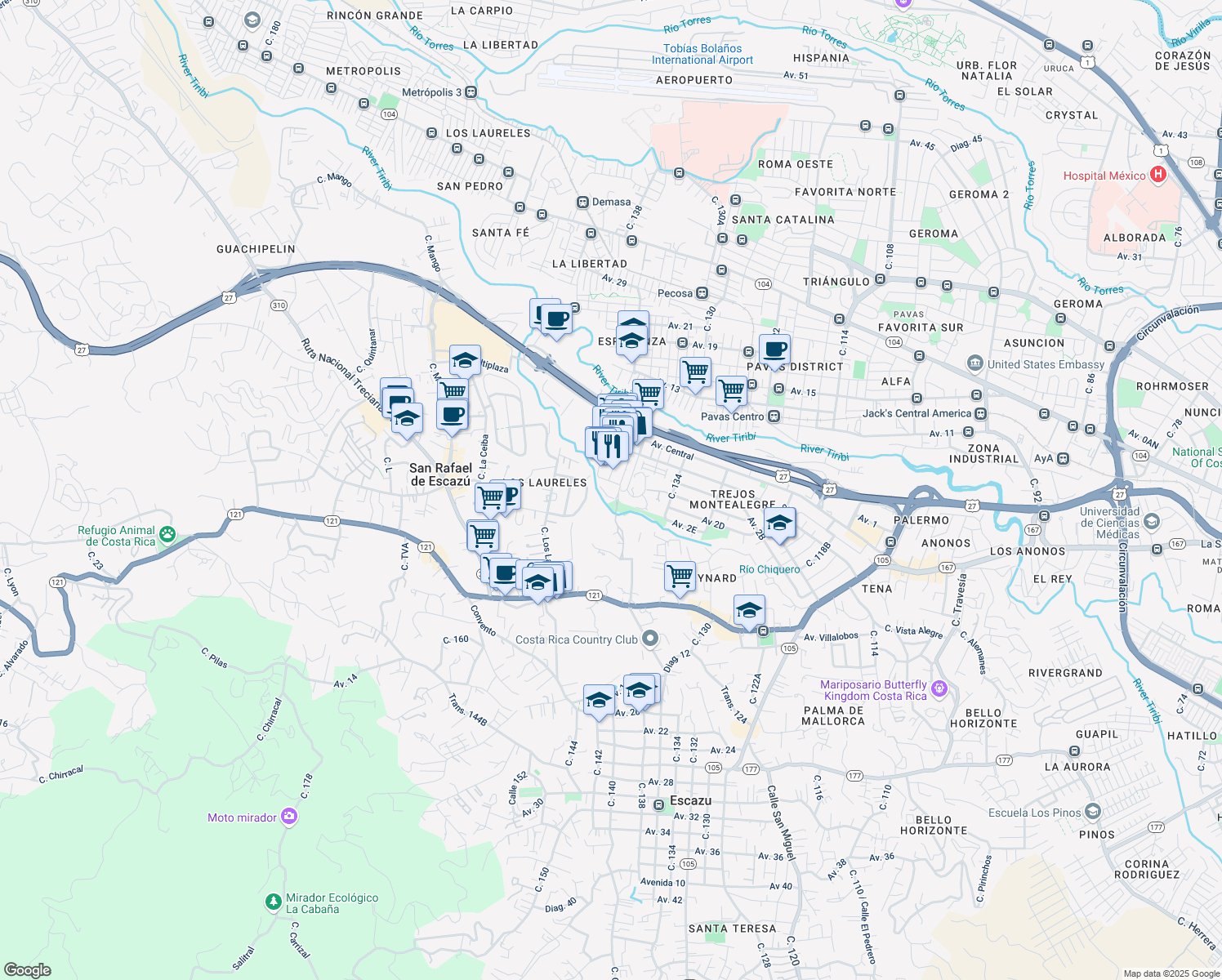 map of restaurants, bars, coffee shops, grocery stores, and more near Avenida 2 in San Rafael de Escazú