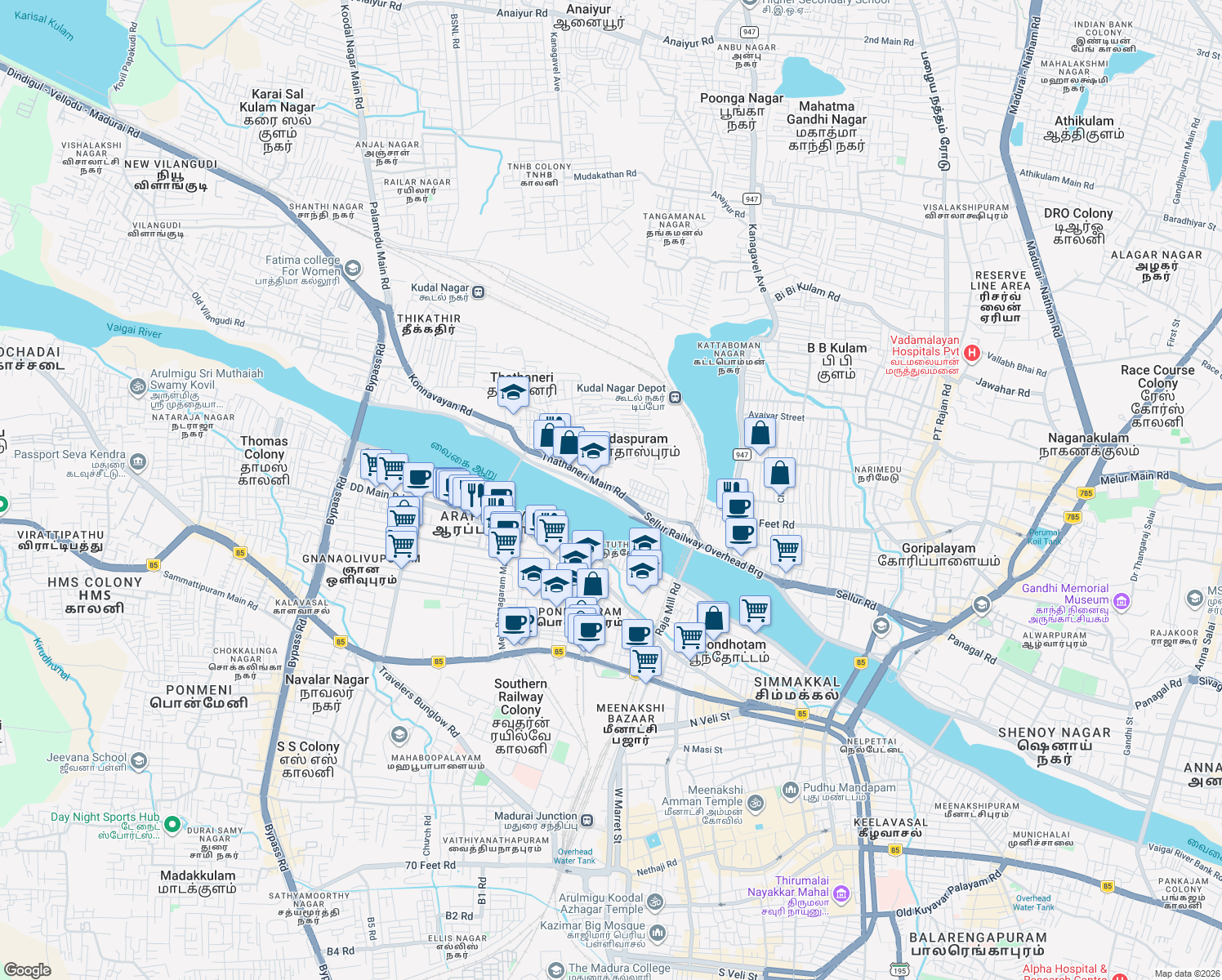map of restaurants, bars, coffee shops, grocery stores, and more near Thathaneri Main Road in Madurai