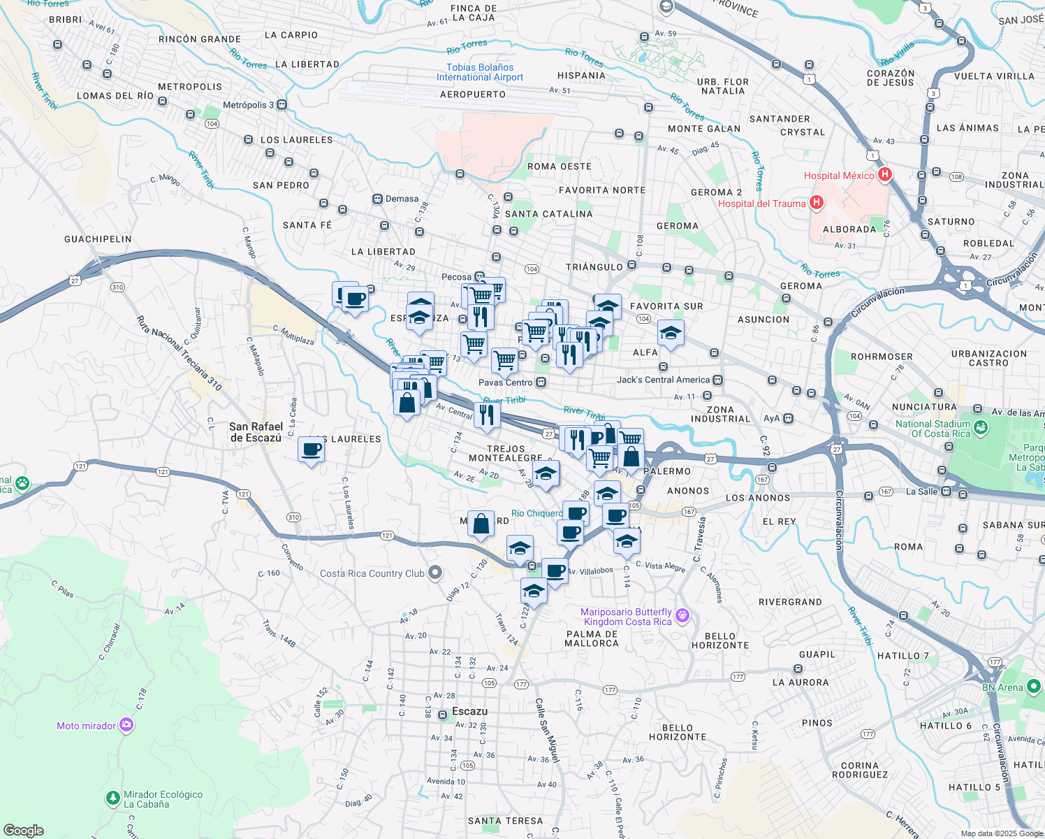 map of restaurants, bars, coffee shops, grocery stores, and more near Autopista Próspero Fernández in San Rafael