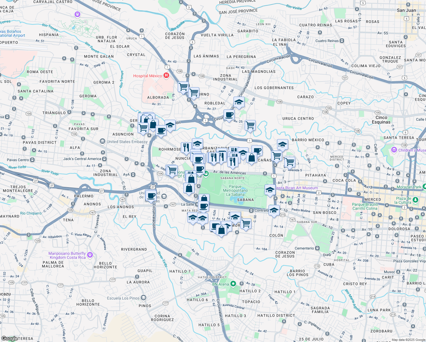 map of restaurants, bars, coffee shops, grocery stores, and more near in San José