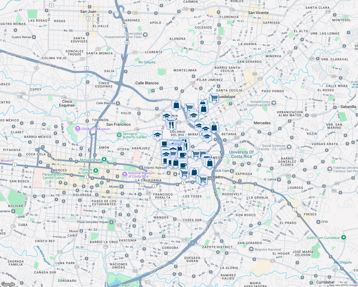 map of restaurants, bars, coffee shops, grocery stores, and more near in San José