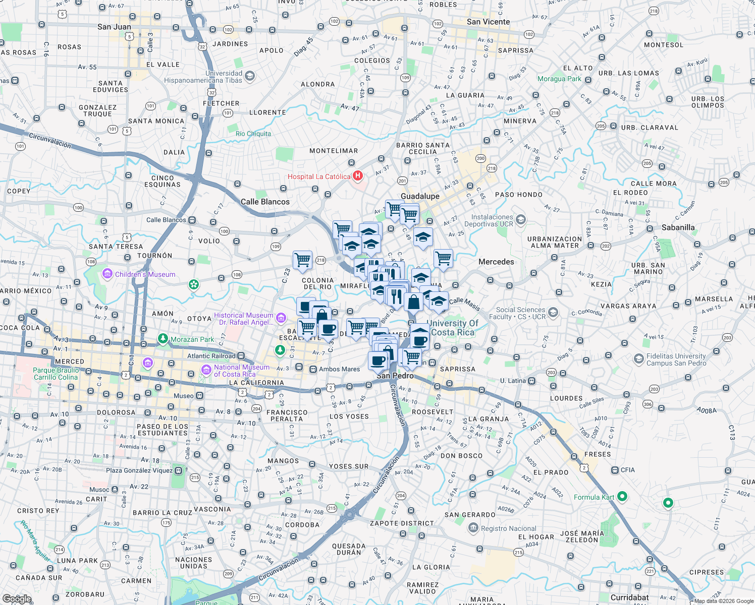map of restaurants, bars, coffee shops, grocery stores, and more near Calle Negritos in San José