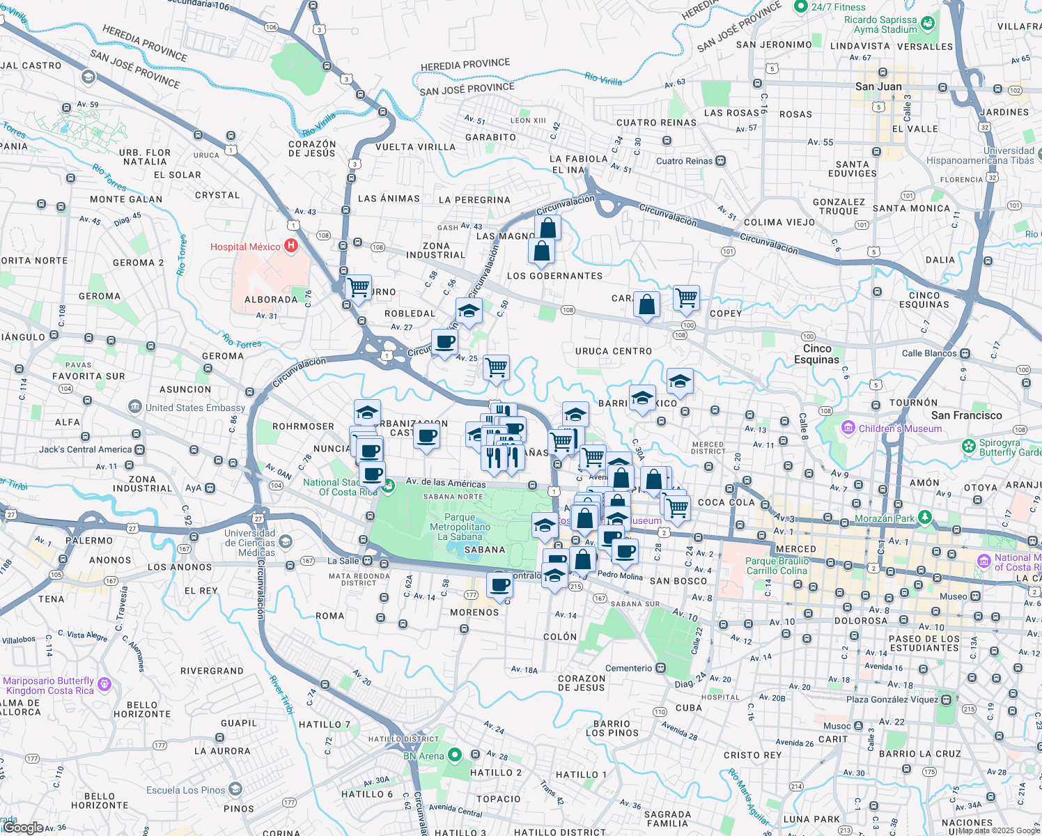 map of restaurants, bars, coffee shops, grocery stores, and more near in San José