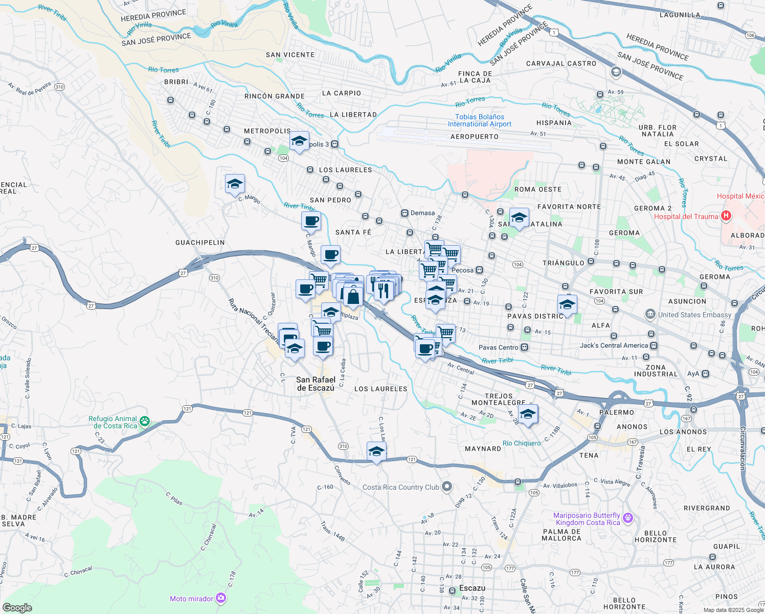 map of restaurants, bars, coffee shops, grocery stores, and more near Autopista Próspero Fernández in San Rafael