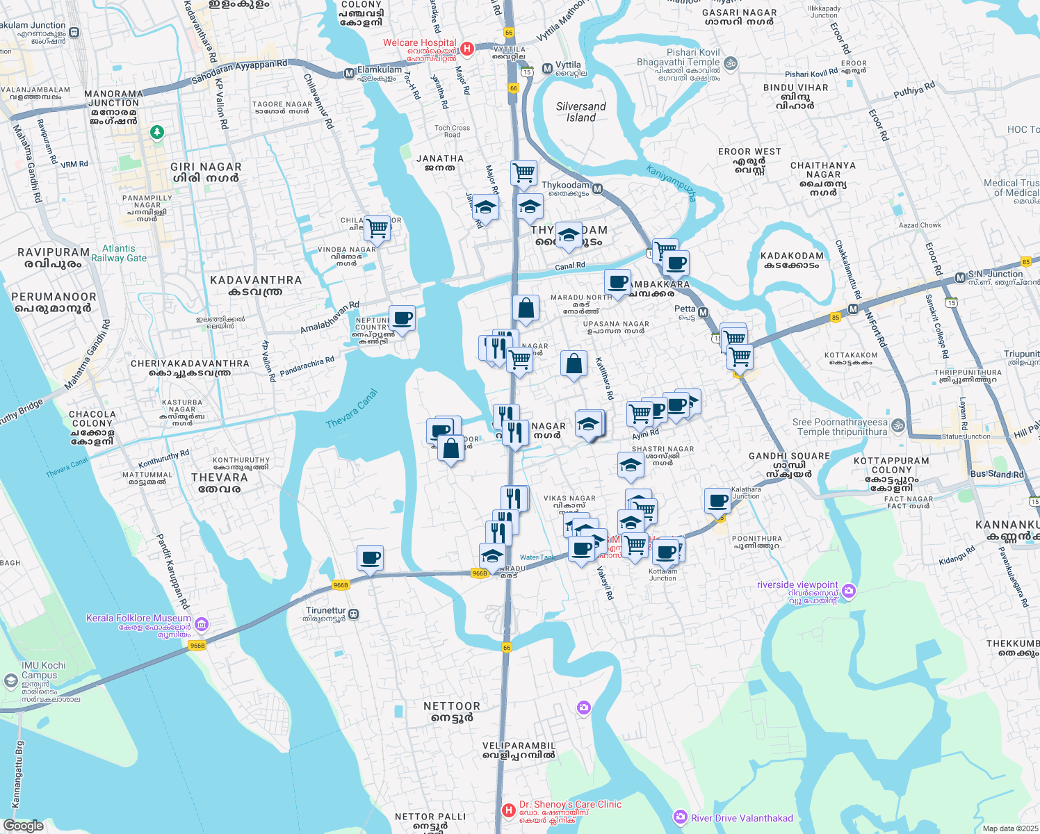 map of restaurants, bars, coffee shops, grocery stores, and more near Old NH 47 in Kochi