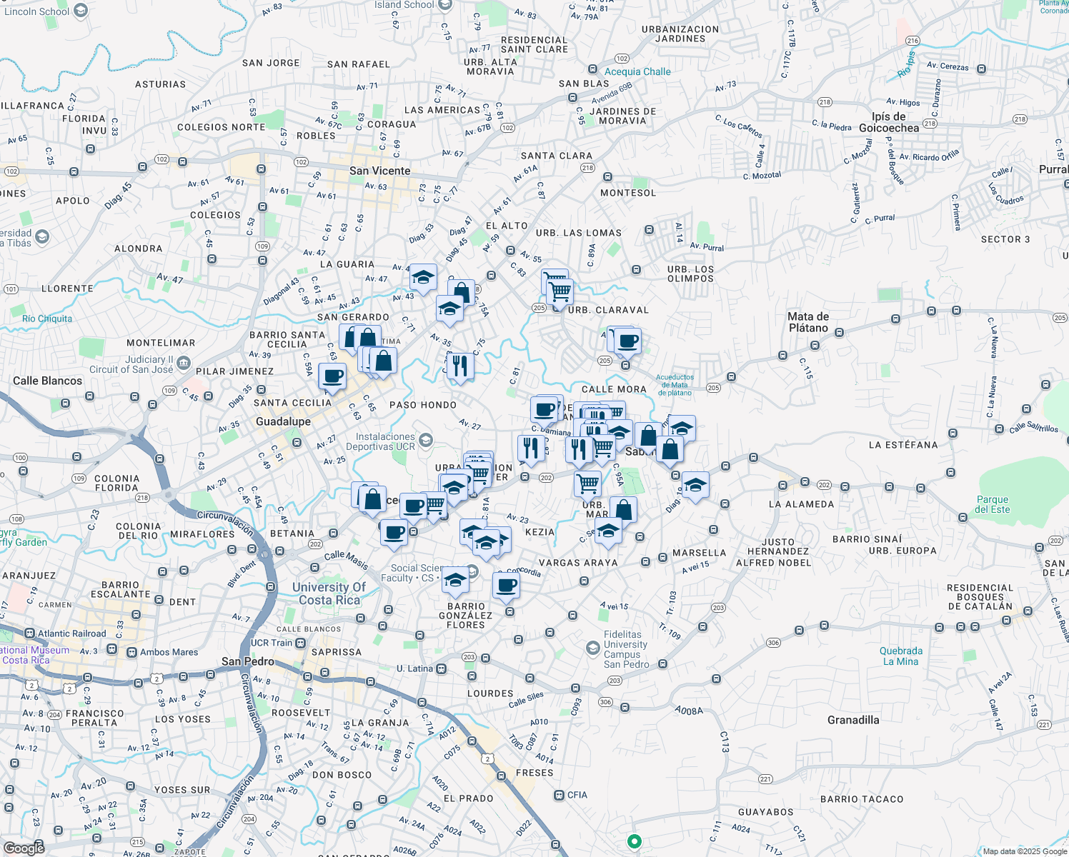 map of restaurants, bars, coffee shops, grocery stores, and more near Calle Damiana in Sabanilla