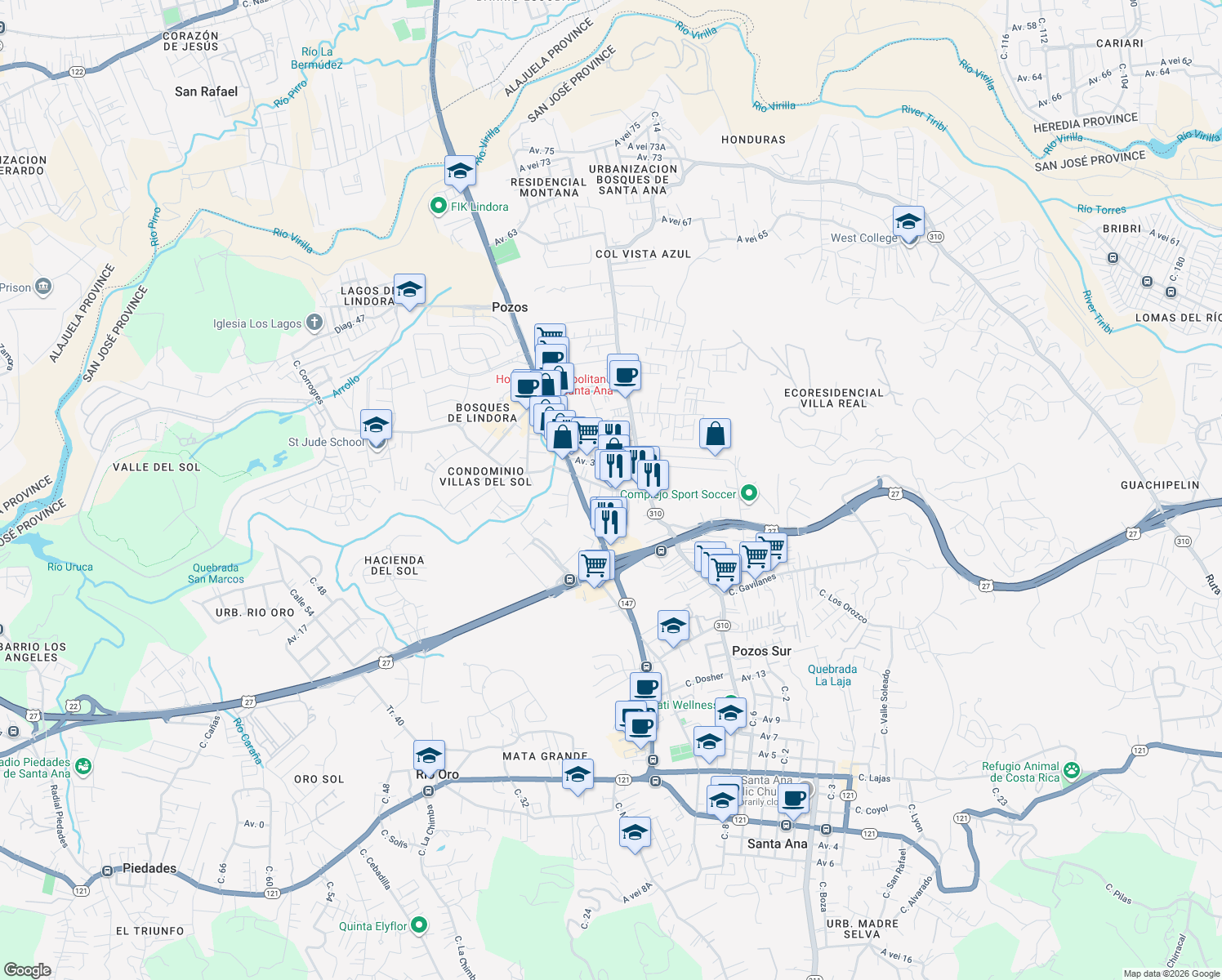 map of restaurants, bars, coffee shops, grocery stores, and more near Calle Lindora in Pozos