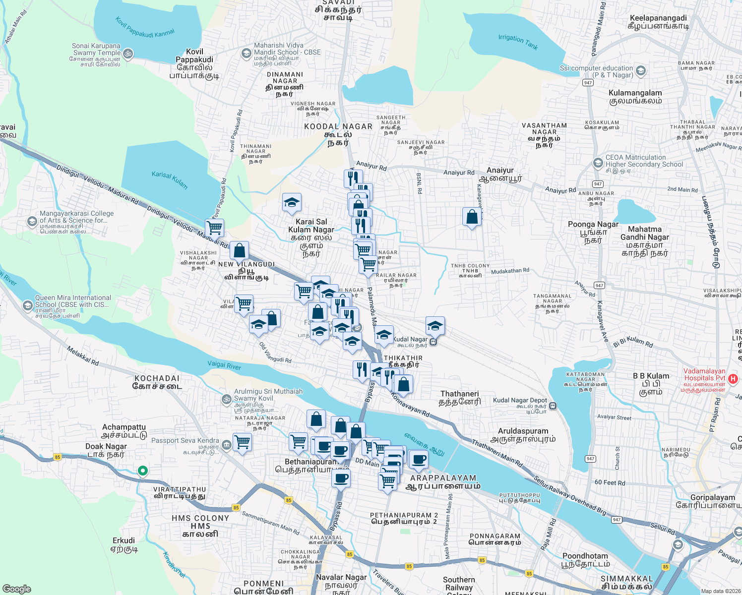 map of restaurants, bars, coffee shops, grocery stores, and more near Koodal Nagar Bridge in Madurai