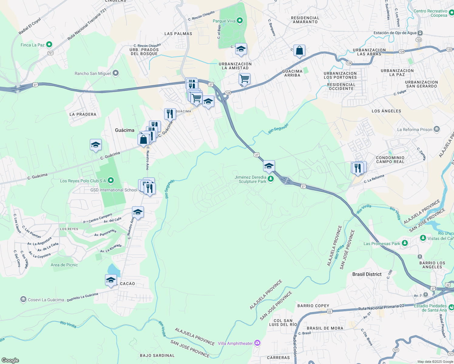 map of restaurants, bars, coffee shops, grocery stores, and more near in Alajuela