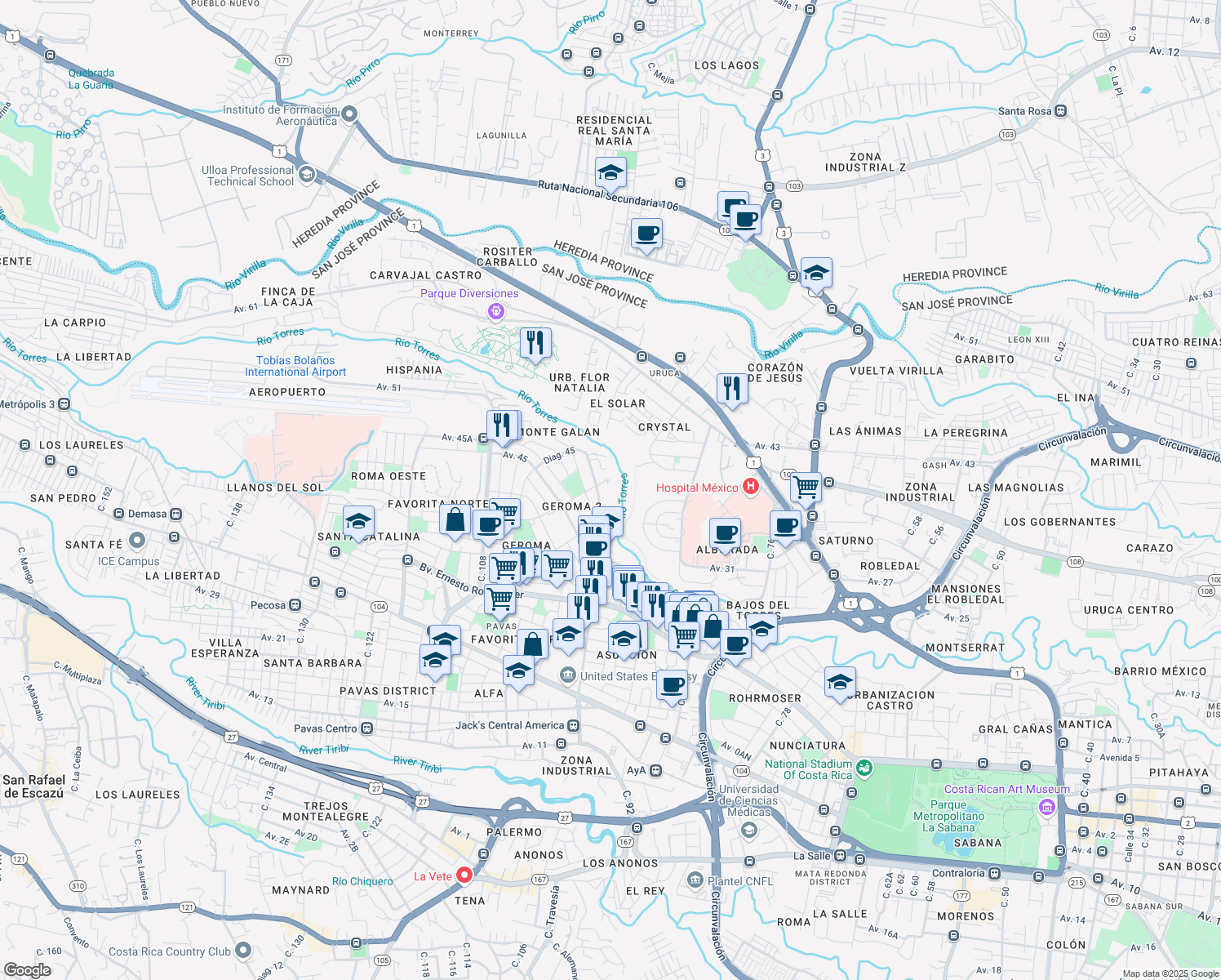 map of restaurants, bars, coffee shops, grocery stores, and more near in San José