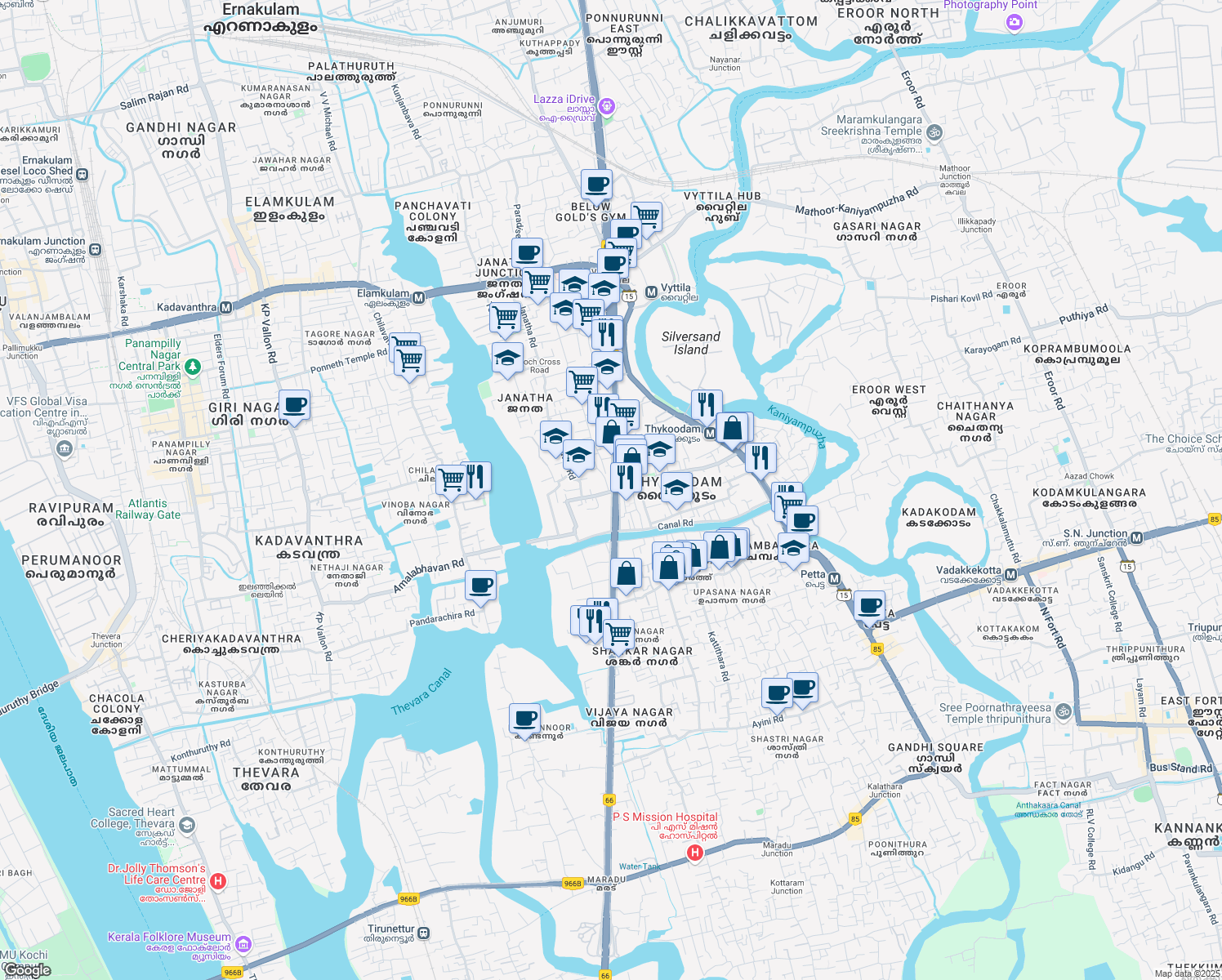 map of restaurants, bars, coffee shops, grocery stores, and more near Old NH 47 in Kochi