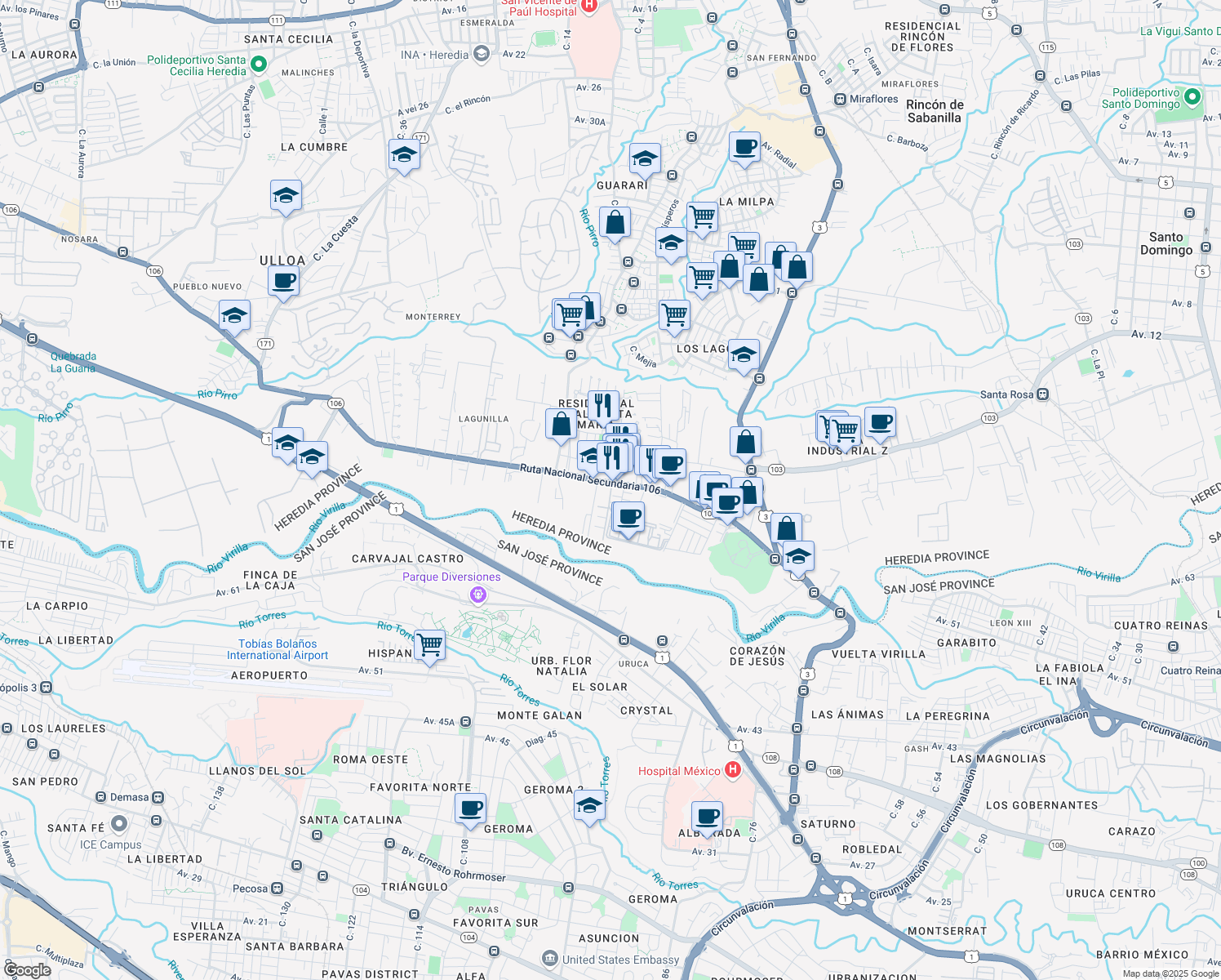 map of restaurants, bars, coffee shops, grocery stores, and more near 106 in Heredia