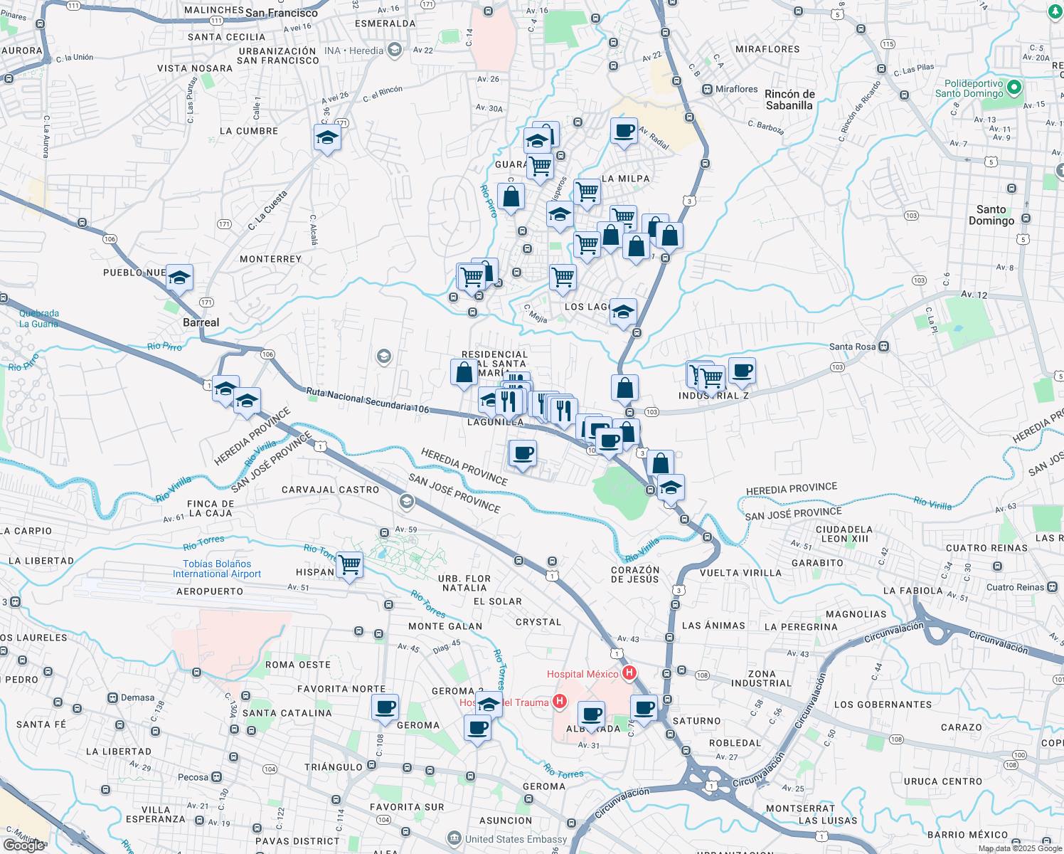 map of restaurants, bars, coffee shops, grocery stores, and more near in Heredia