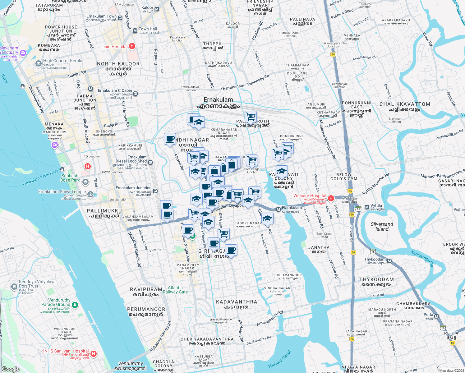 map of restaurants, bars, coffee shops, grocery stores, and more near 166 Jawahar Nagar Avenue in Kochi