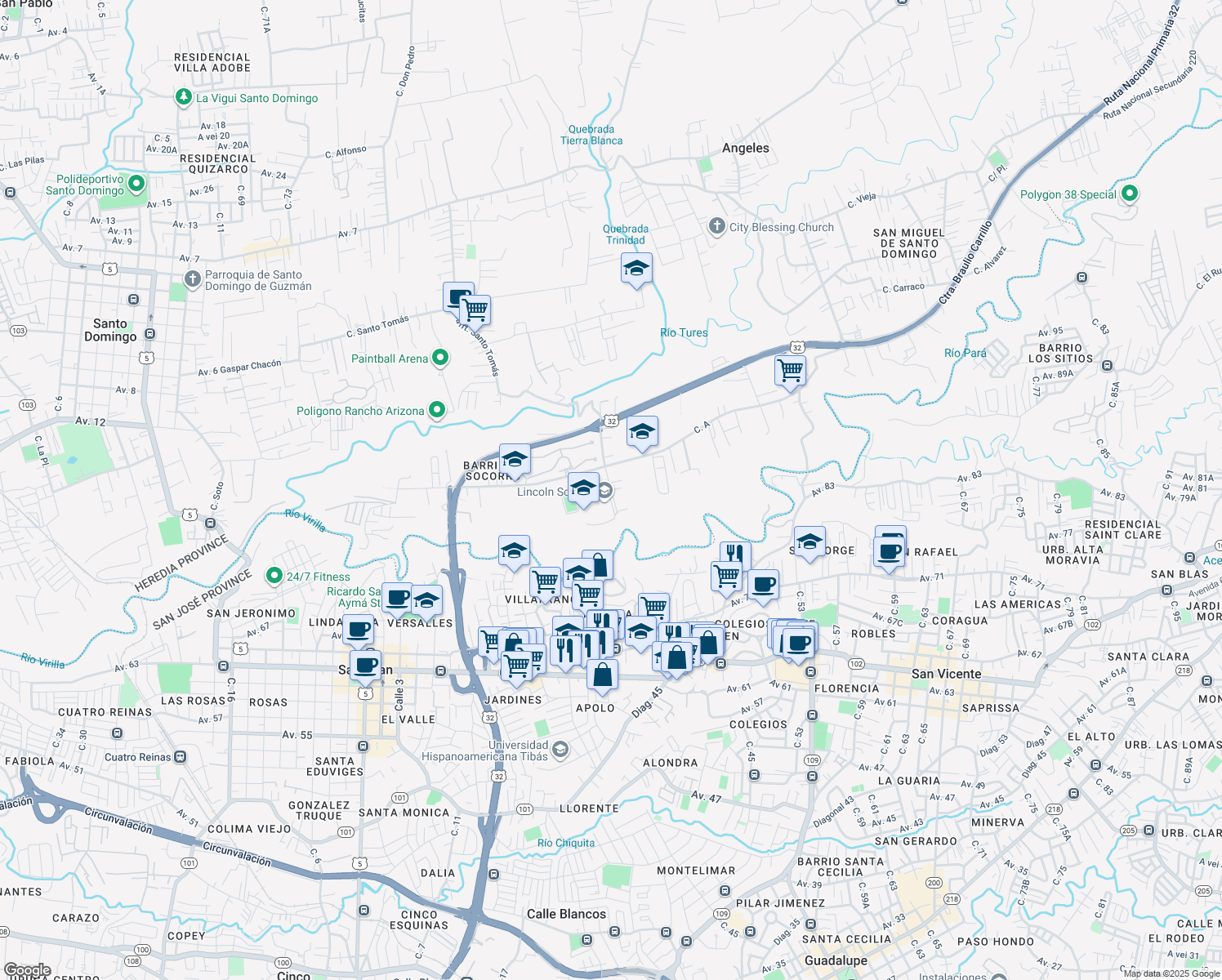 map of restaurants, bars, coffee shops, grocery stores, and more near Calle El Socorro in Santo Domingo