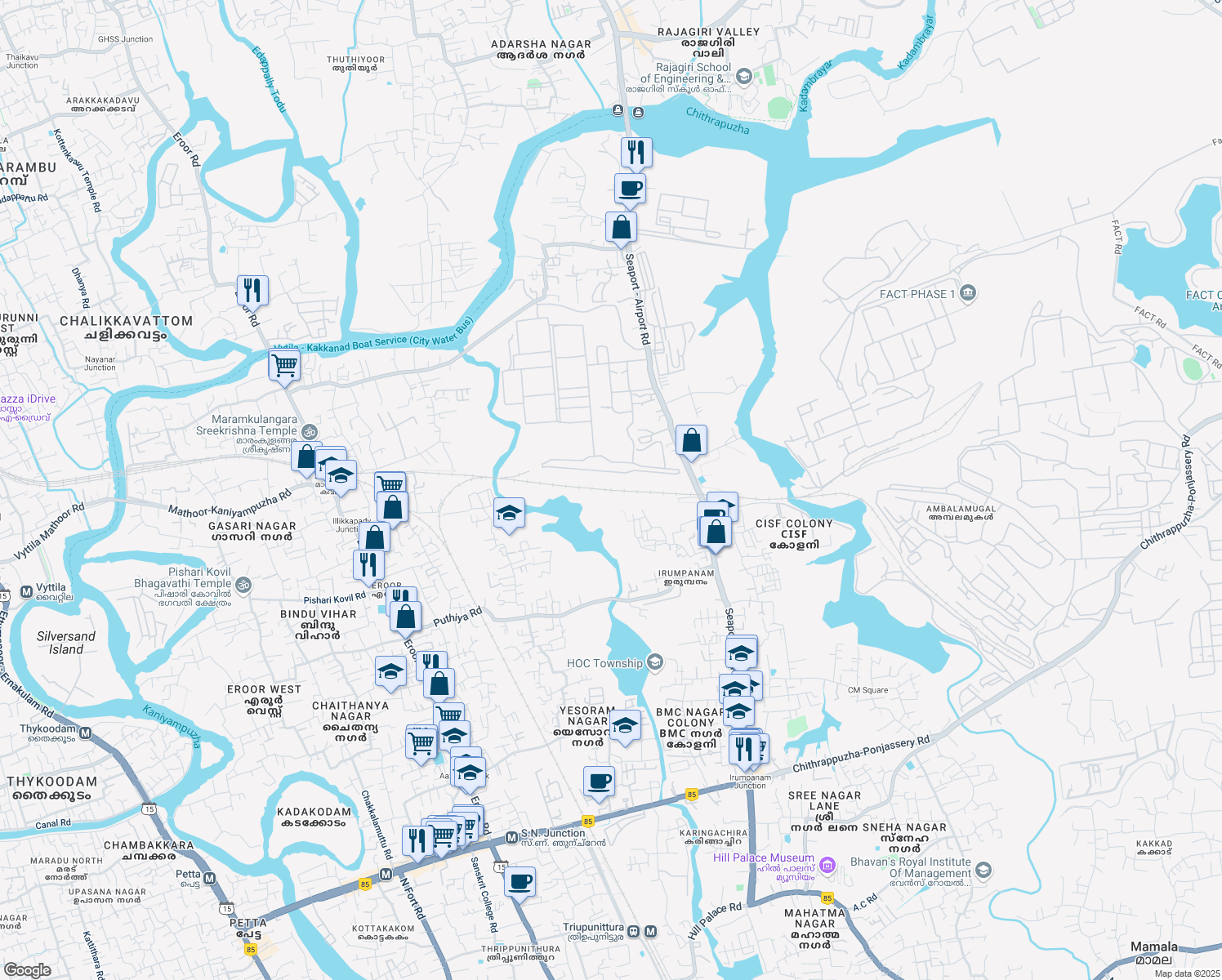 map of restaurants, bars, coffee shops, grocery stores, and more near Seaport Airport Road in Ernakulam
