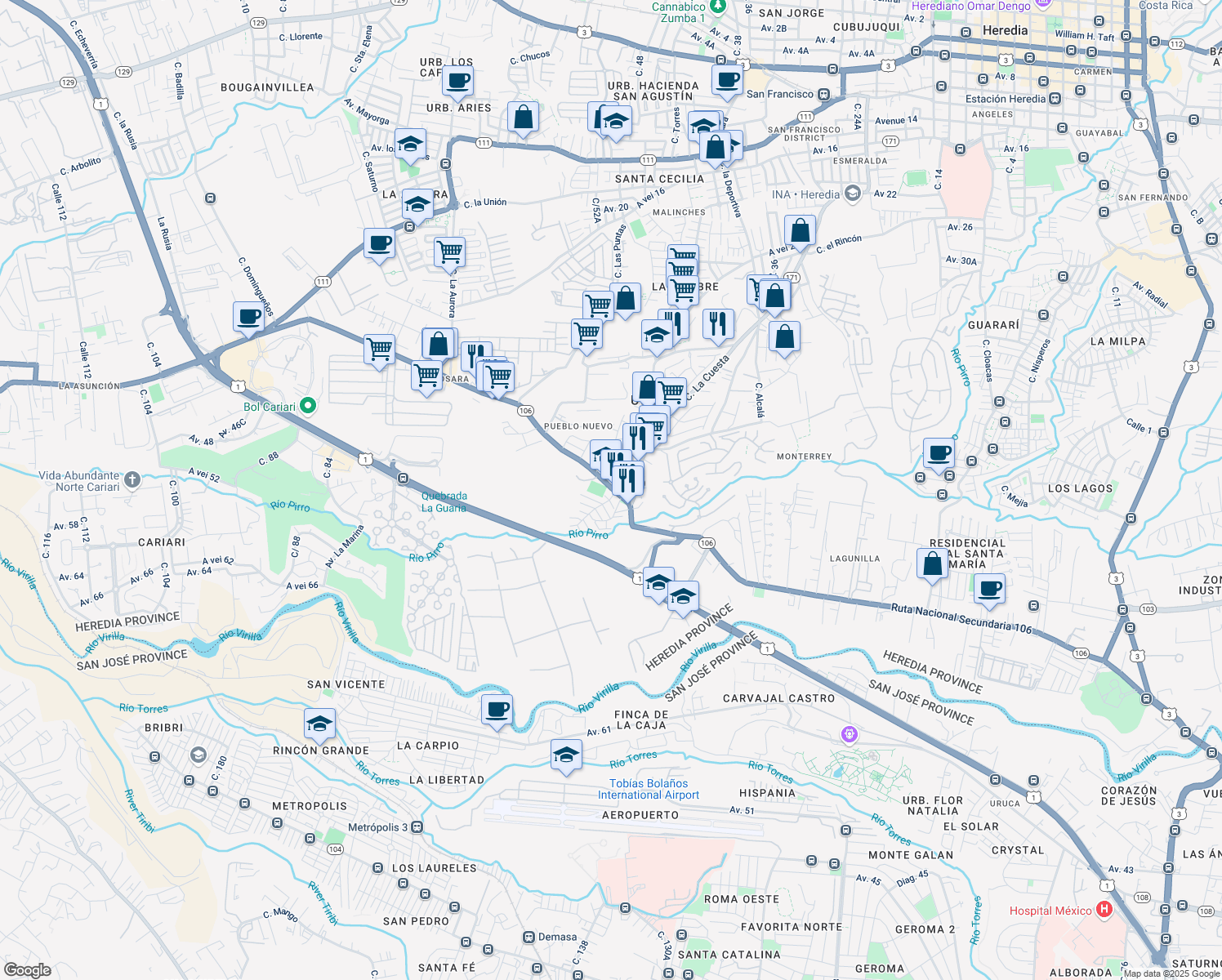 map of restaurants, bars, coffee shops, grocery stores, and more near 106 in Heredia