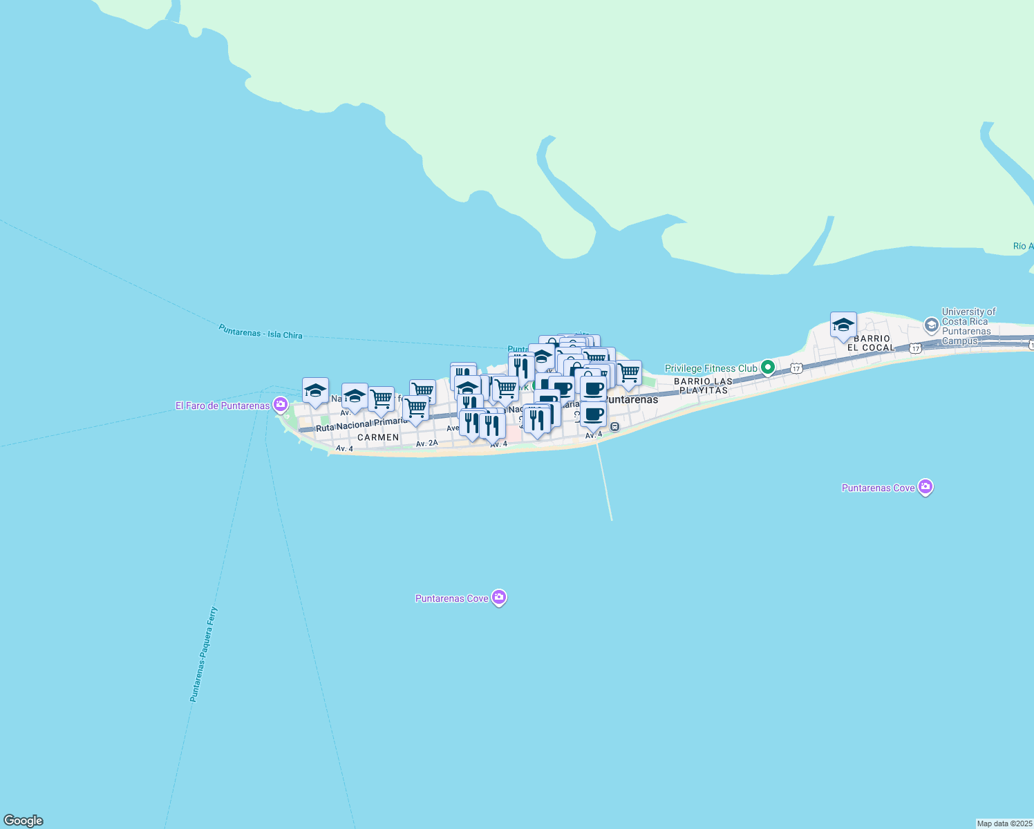 map of restaurants, bars, coffee shops, grocery stores, and more near in Puntarenas