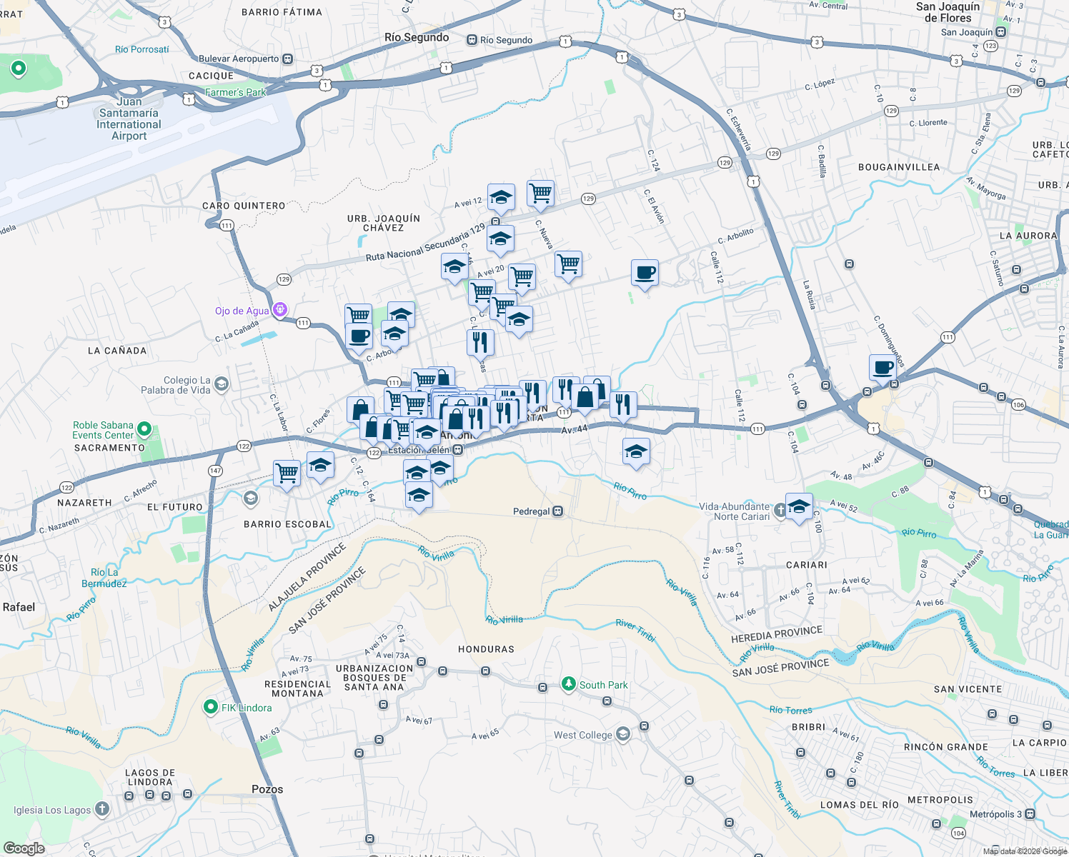 map of restaurants, bars, coffee shops, grocery stores, and more near in Belén
