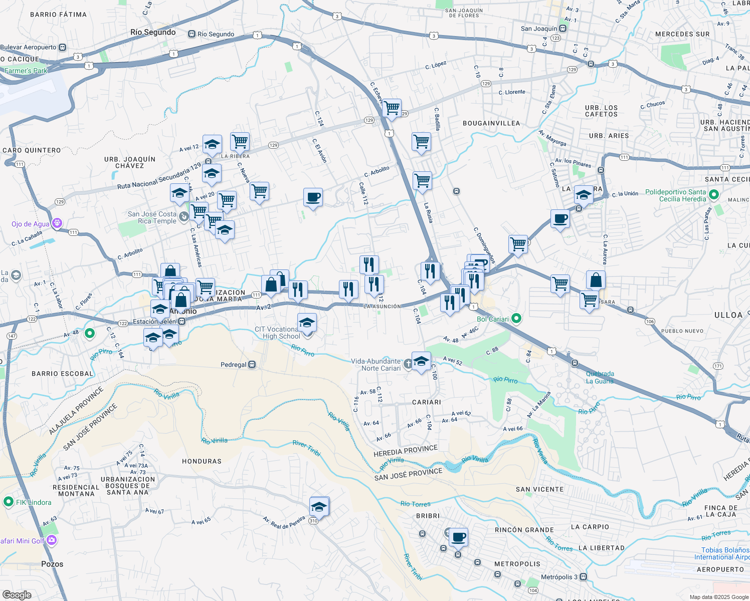 map of restaurants, bars, coffee shops, grocery stores, and more near in Belén