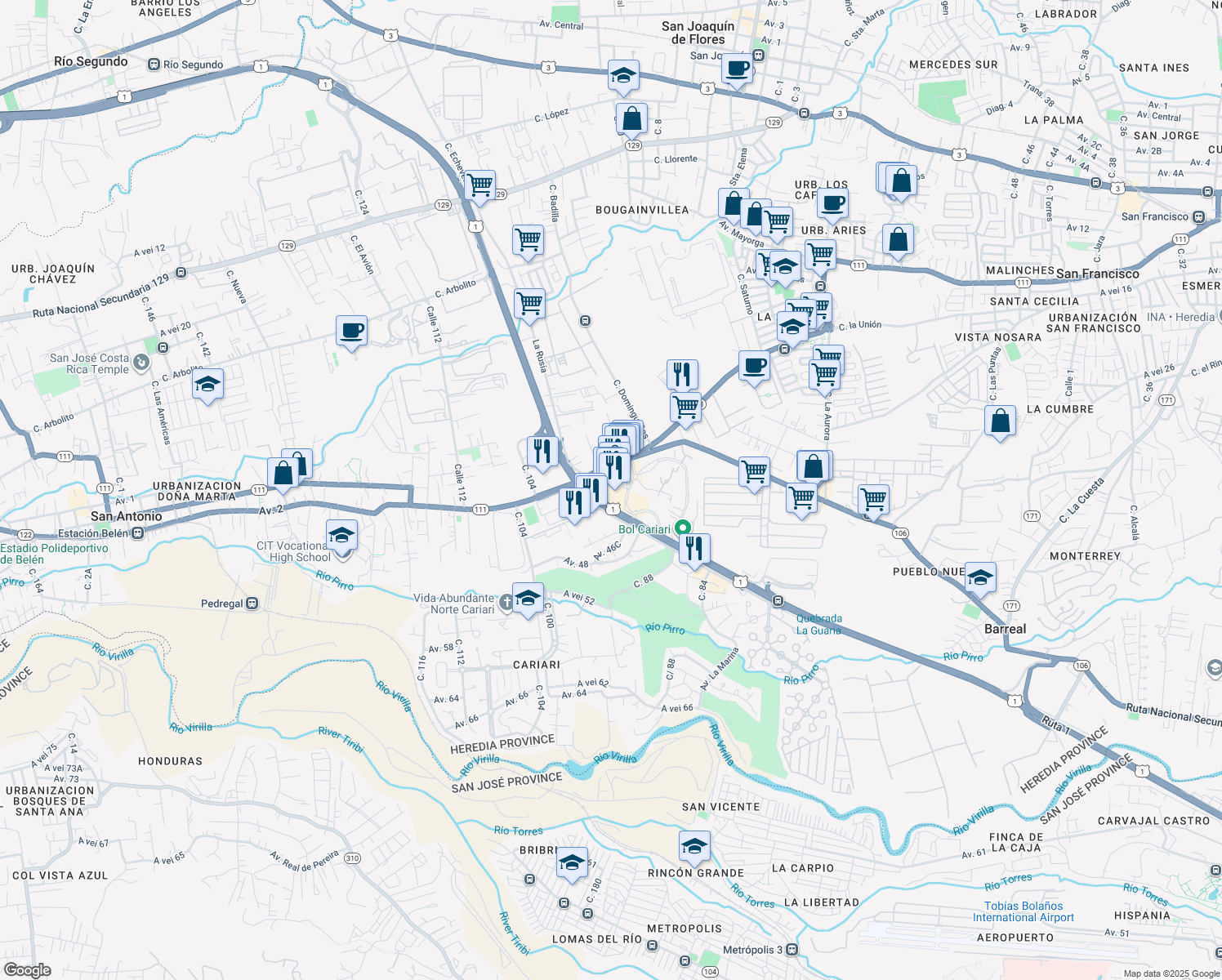 map of restaurants, bars, coffee shops, grocery stores, and more near Carretera Interamericana in Heredia