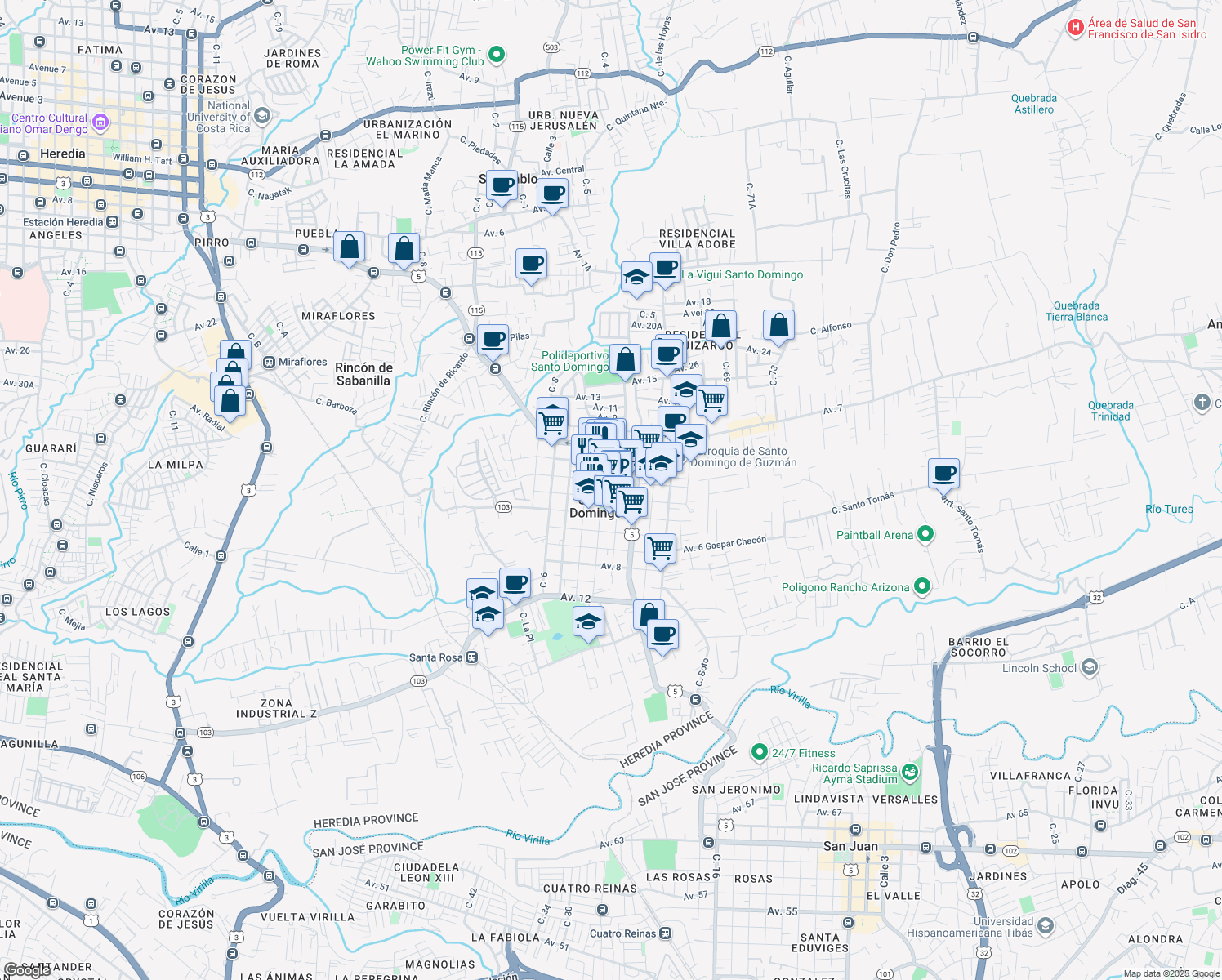 map of restaurants, bars, coffee shops, grocery stores, and more near in Santo Domingo