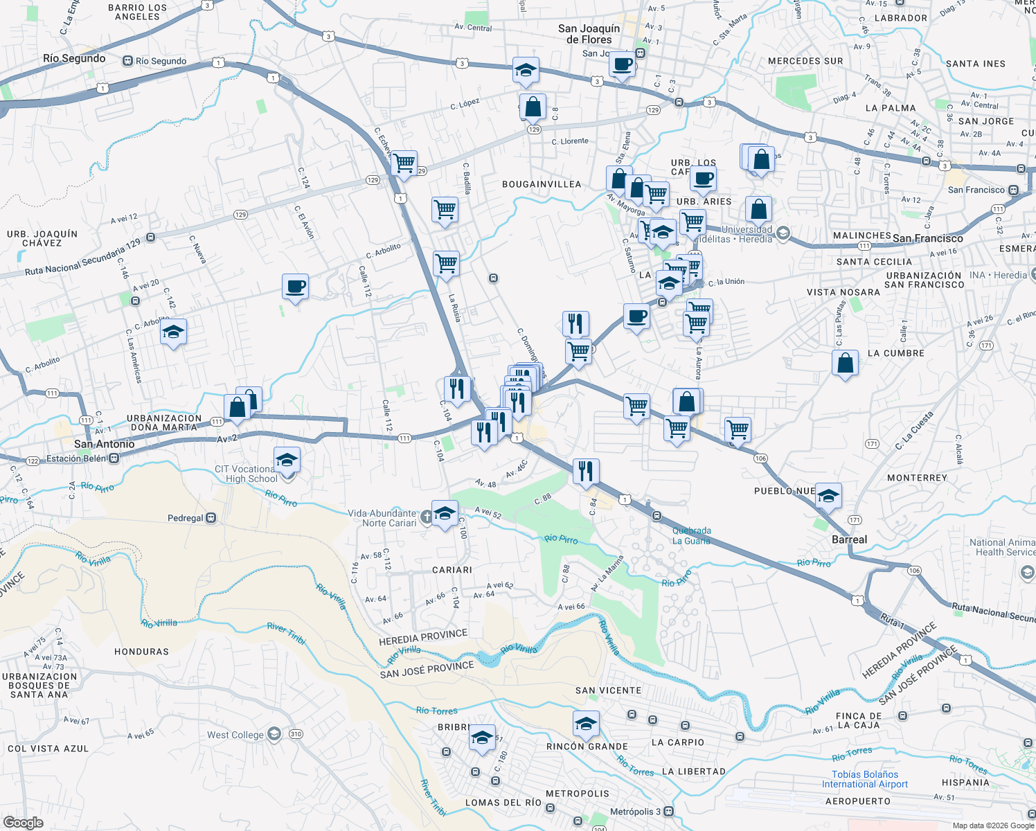 map of restaurants, bars, coffee shops, grocery stores, and more near Carretera Interamericana in Heredia