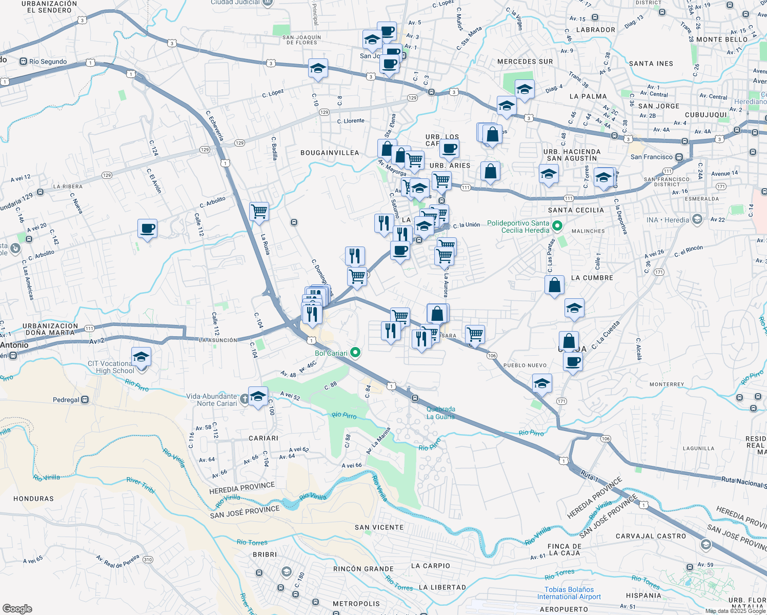 map of restaurants, bars, coffee shops, grocery stores, and more near 106 in Heredia