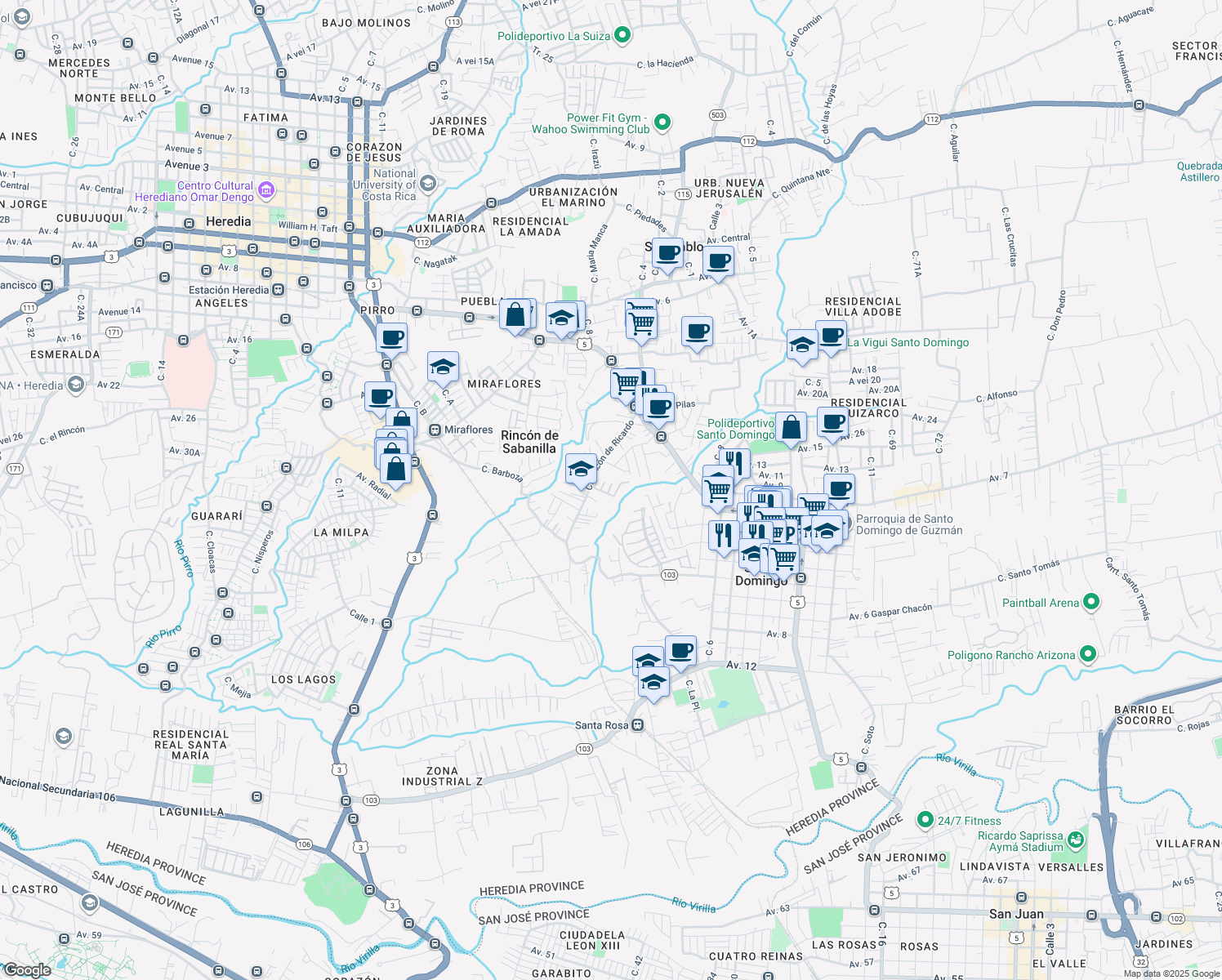 map of restaurants, bars, coffee shops, grocery stores, and more near Rincón de Ricardo in San Pablo