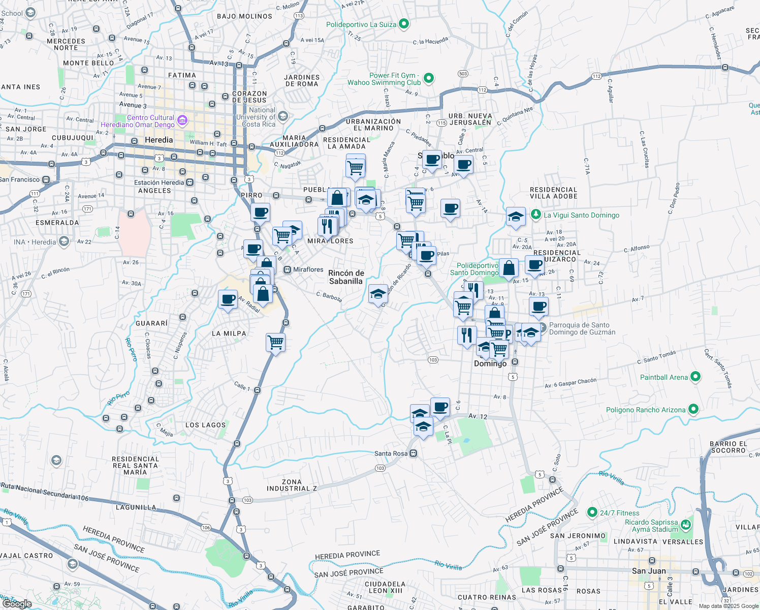 map of restaurants, bars, coffee shops, grocery stores, and more near Rincón de Ricardo in San Pablo