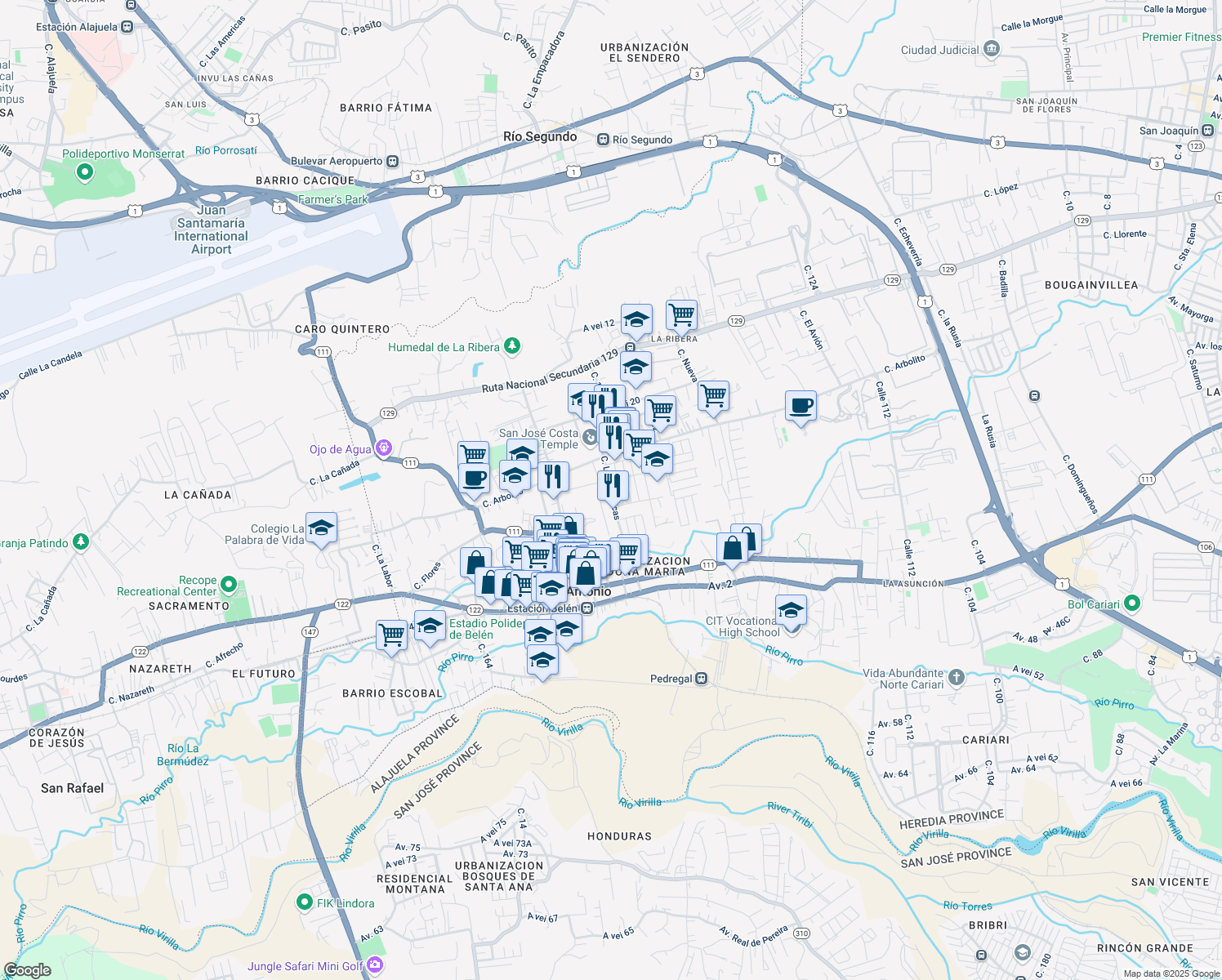 map of restaurants, bars, coffee shops, grocery stores, and more near Calle Las Américas in Belén