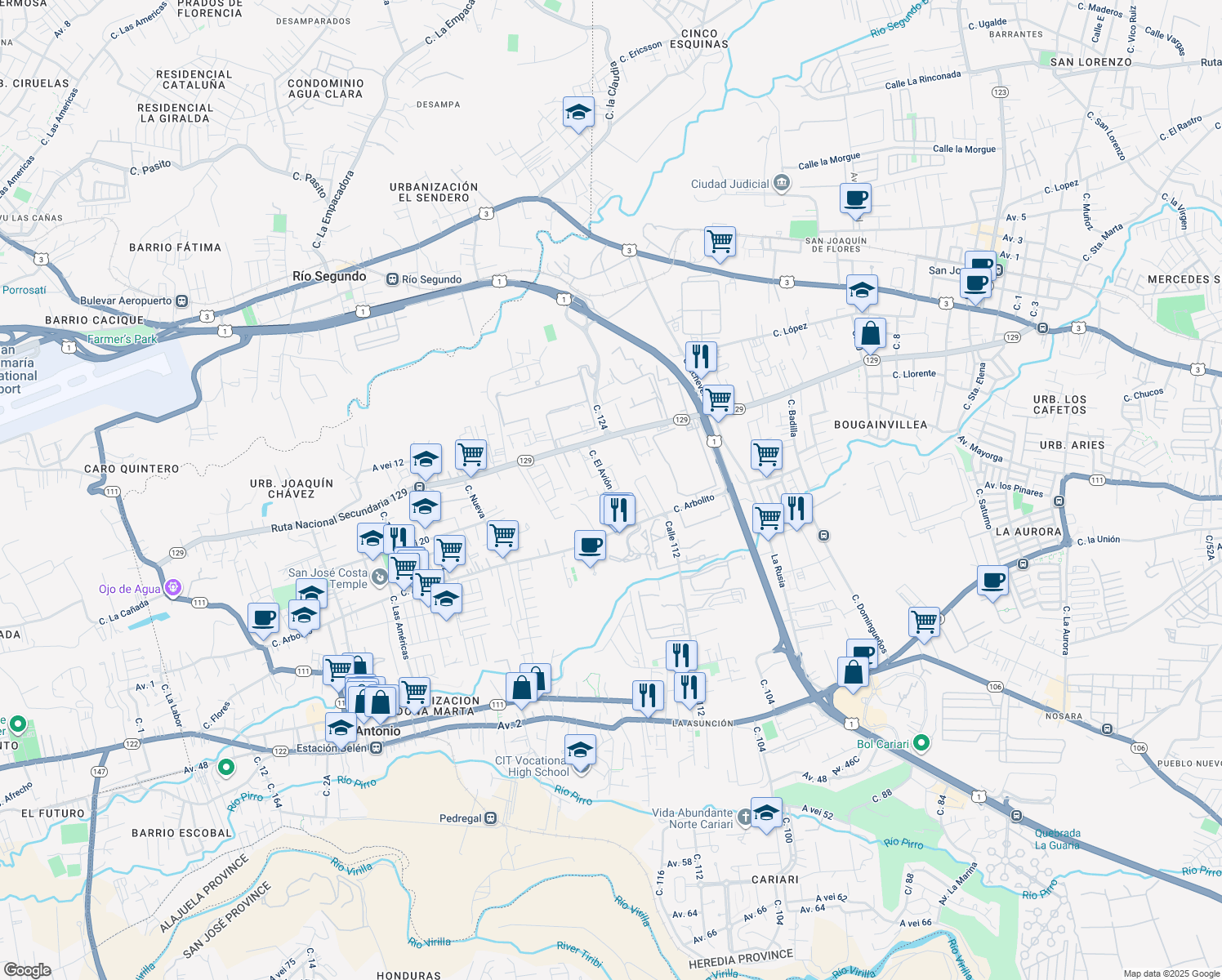 map of restaurants, bars, coffee shops, grocery stores, and more near Calle El Avión in Belén