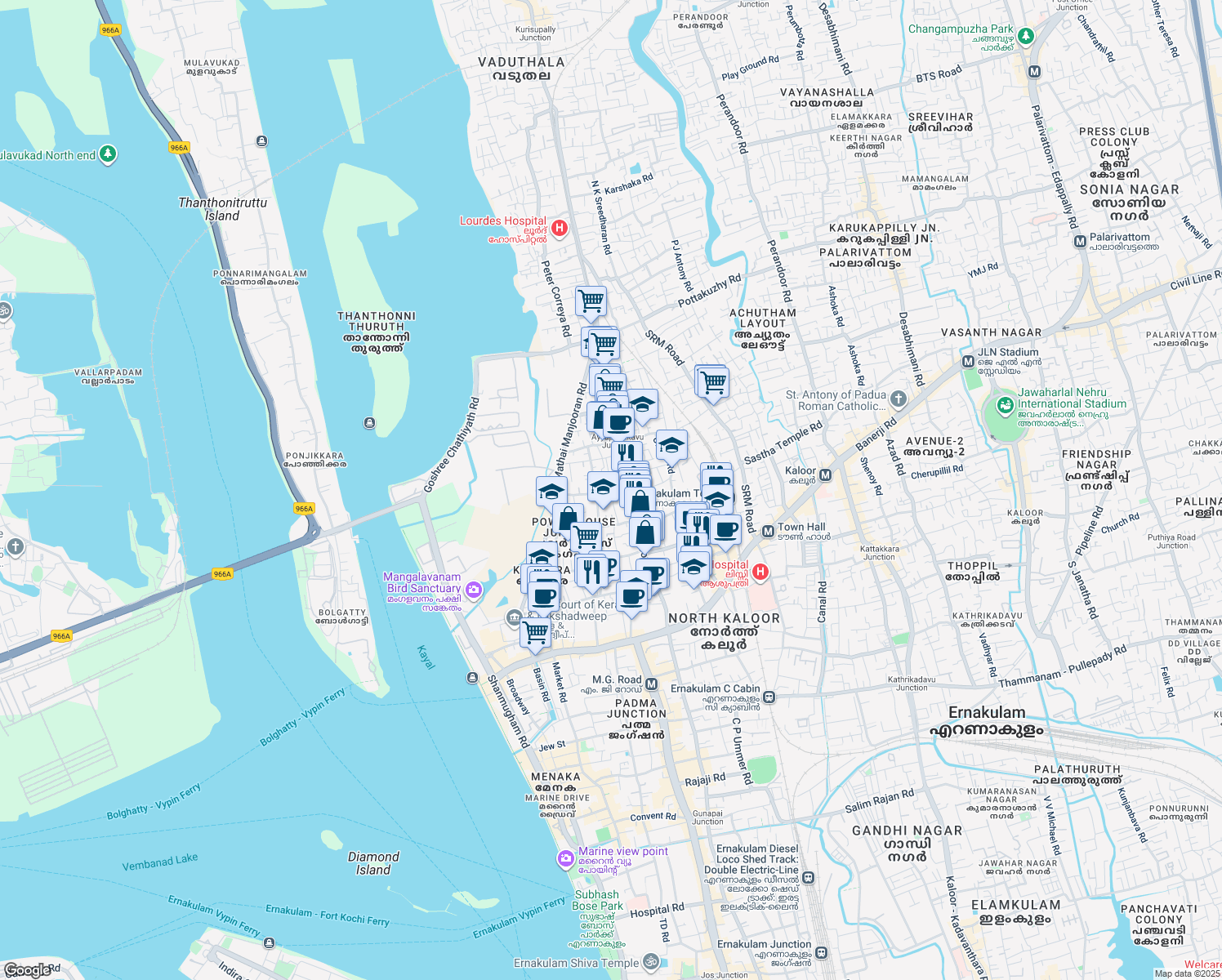 map of restaurants, bars, coffee shops, grocery stores, and more near O K Madhavi Amma Rd in Ernakulam