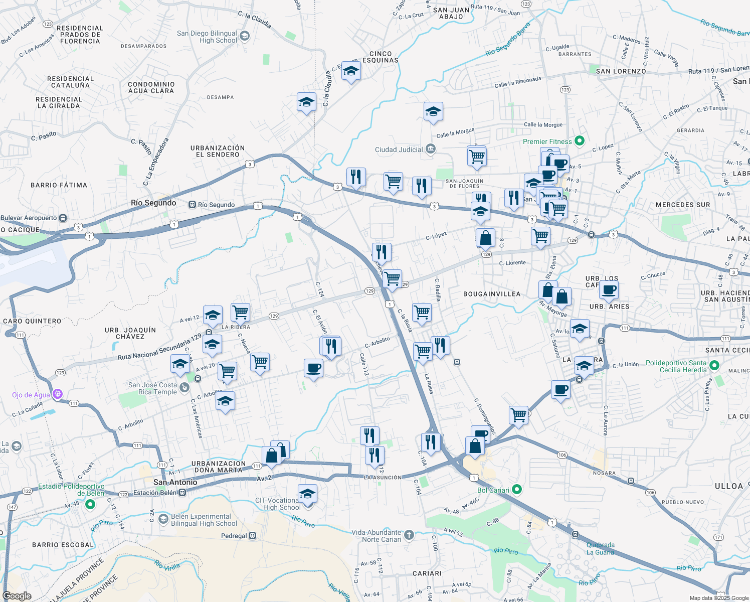 map of restaurants, bars, coffee shops, grocery stores, and more near 129 in Belén