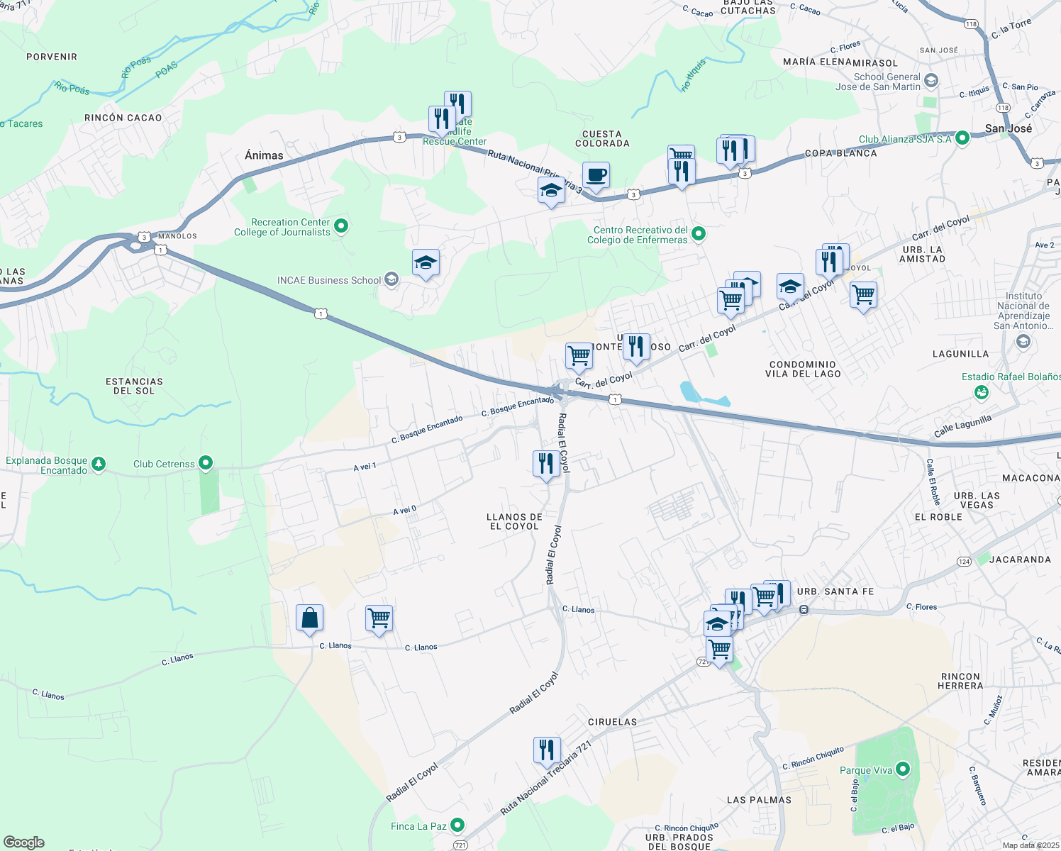 map of restaurants, bars, coffee shops, grocery stores, and more near in Alajuela