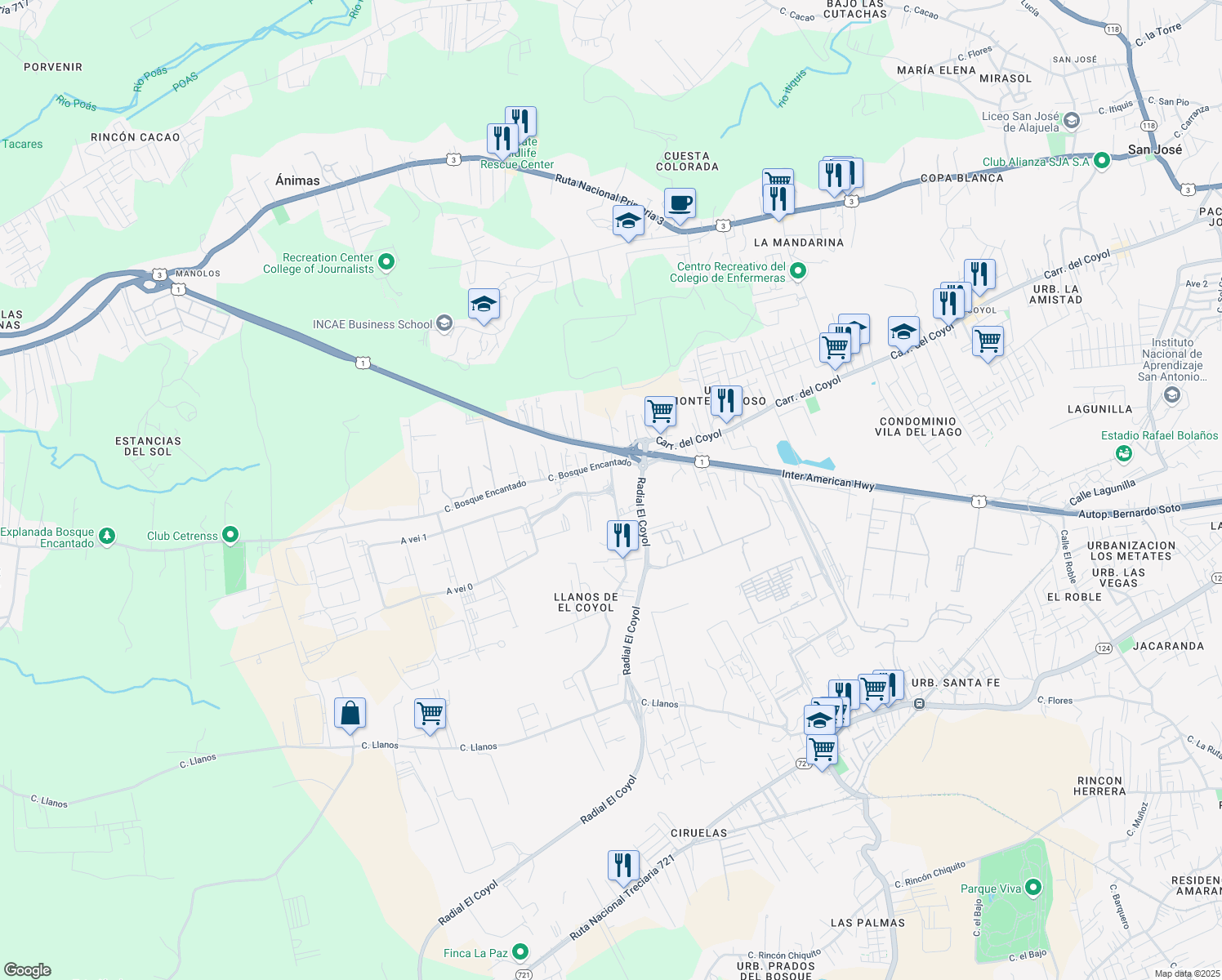 map of restaurants, bars, coffee shops, grocery stores, and more near in Alajuela