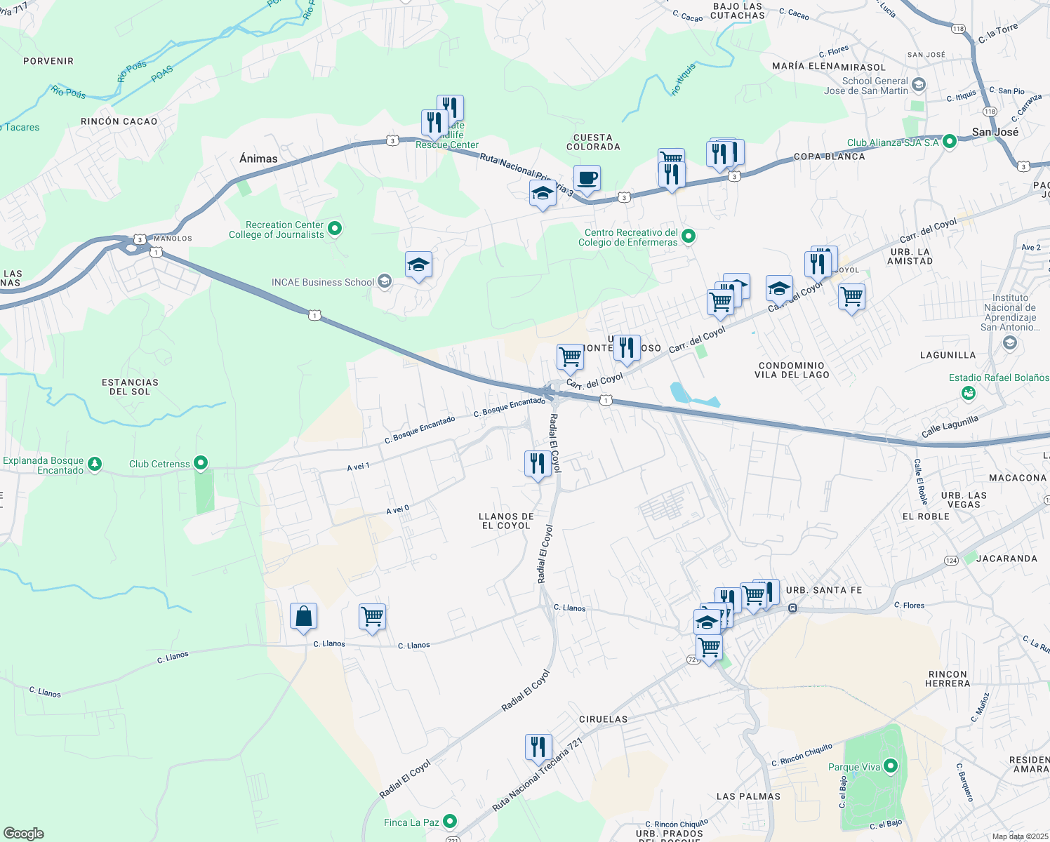 map of restaurants, bars, coffee shops, grocery stores, and more near Zona Franca Coyol in Alajuela