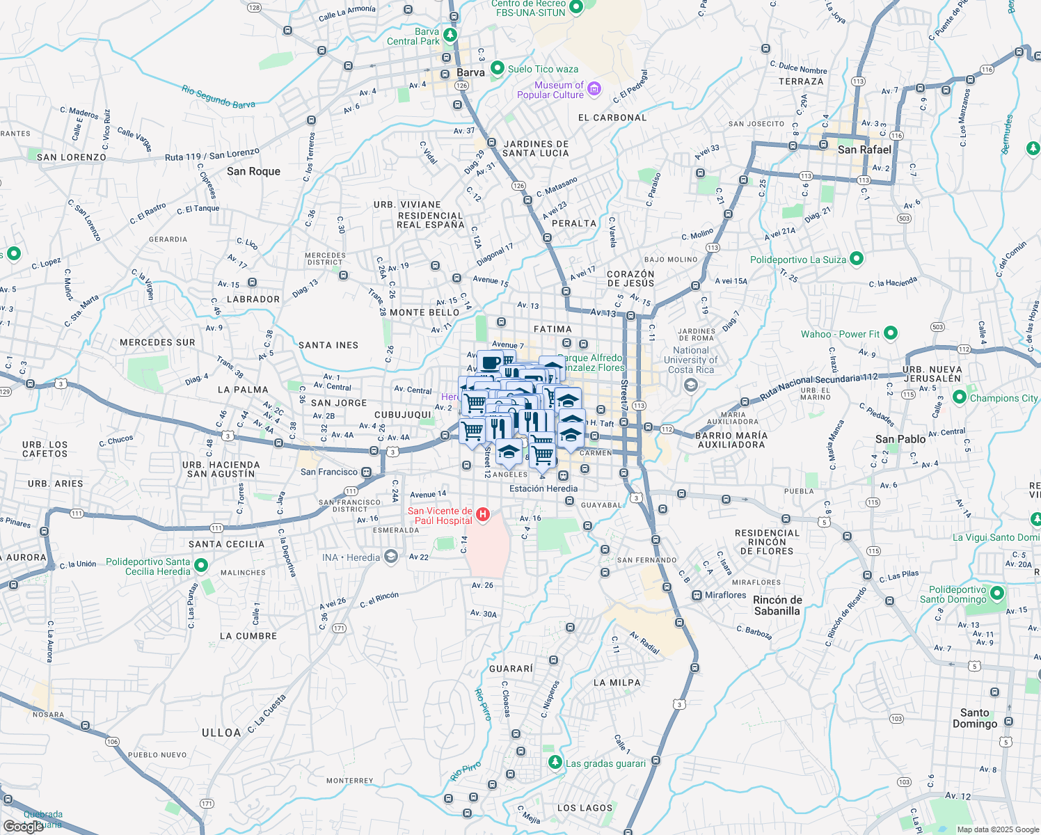 map of restaurants, bars, coffee shops, grocery stores, and more near in Heredia