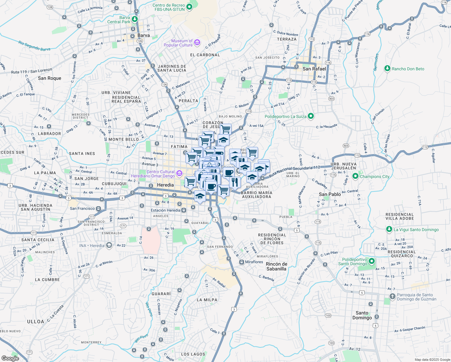 map of restaurants, bars, coffee shops, grocery stores, and more near 86 Avenida 1 in Heredia