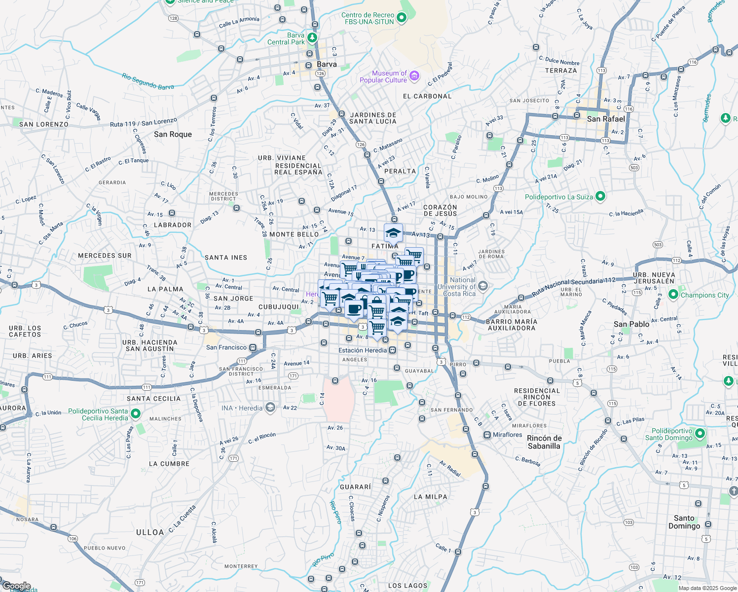 map of restaurants, bars, coffee shops, grocery stores, and more near in Heredia