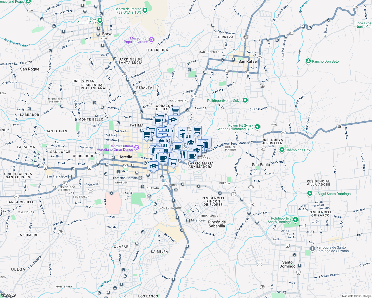 map of restaurants, bars, coffee shops, grocery stores, and more near 86 Avenida 1 in Heredia