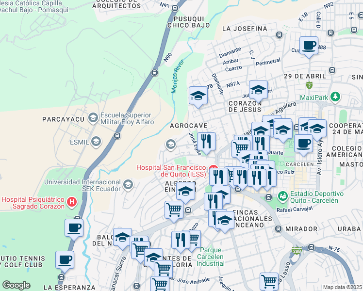 map of restaurants, bars, coffee shops, grocery stores, and more near Cordero in Quito